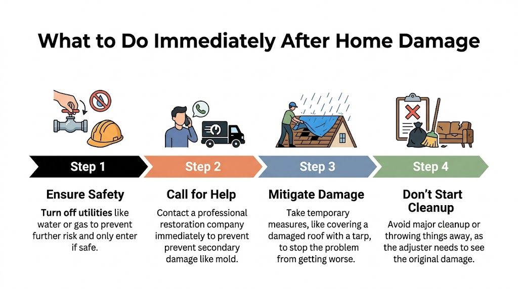 A four-step infographic illustrating essential actions to take immediately following home damage for insurance purposes.