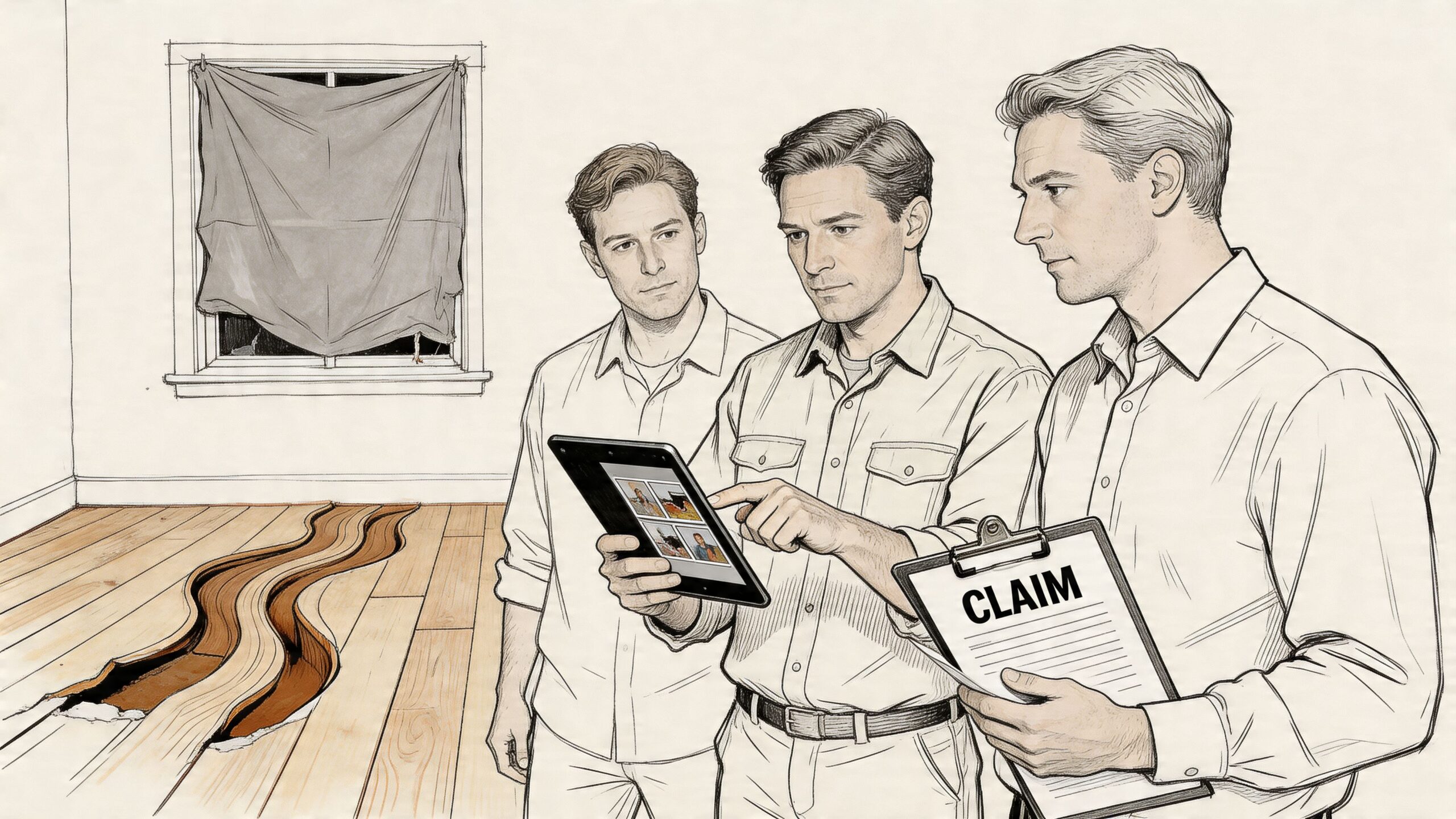 Three men examining a damaged wooden floor using a digital tablet and a claim document form.