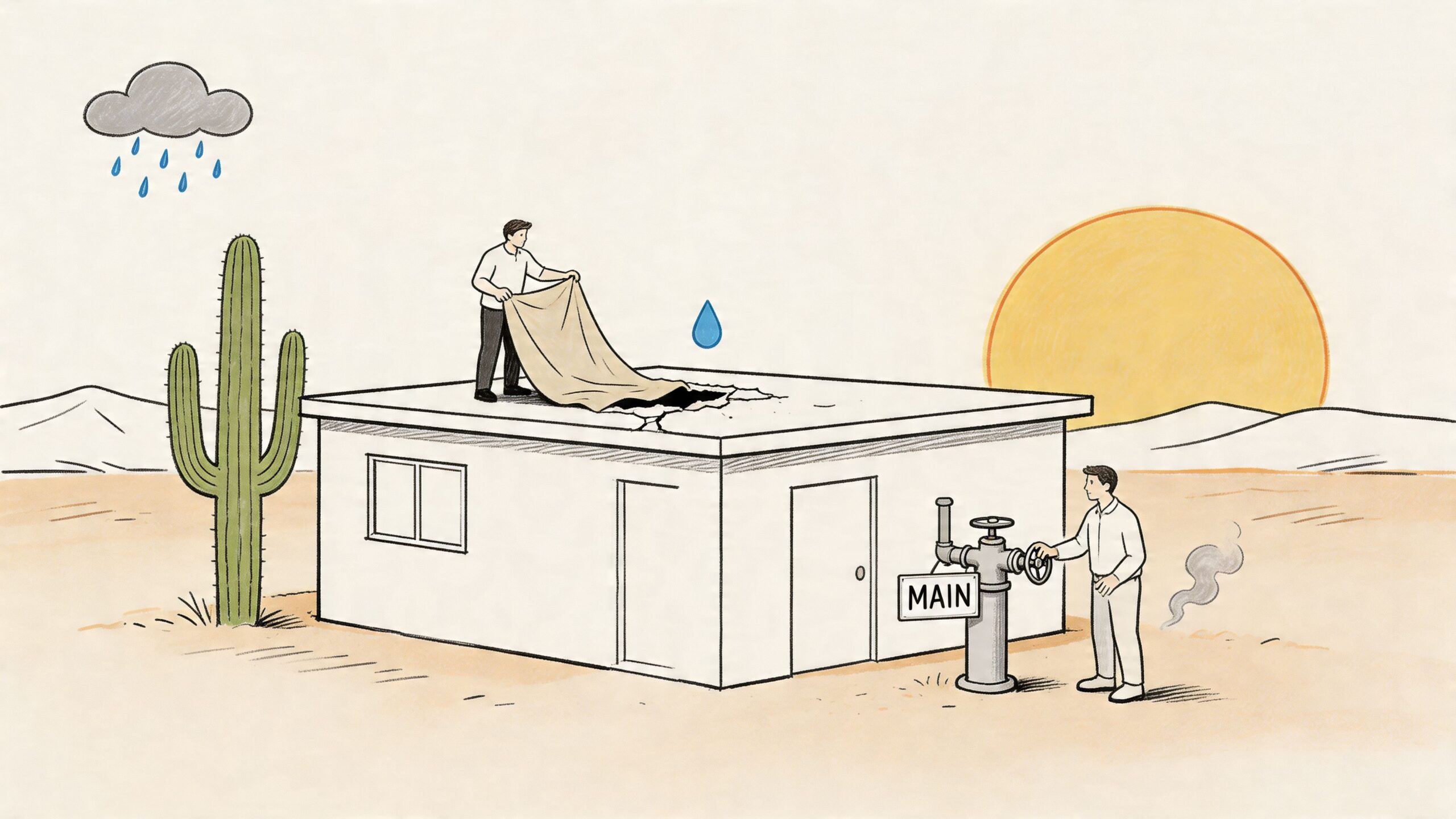 A man covers a roof leak while another adjusts a water main valve near a desert home.