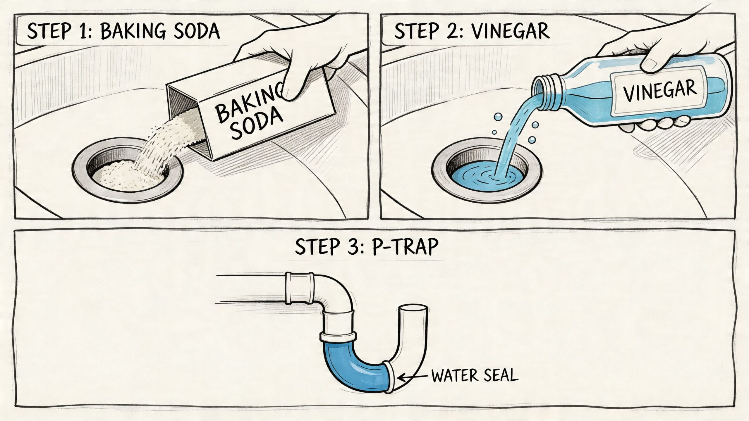 A three-step instructional guide showing how to pour baking soda and vinegar into a sink drain.