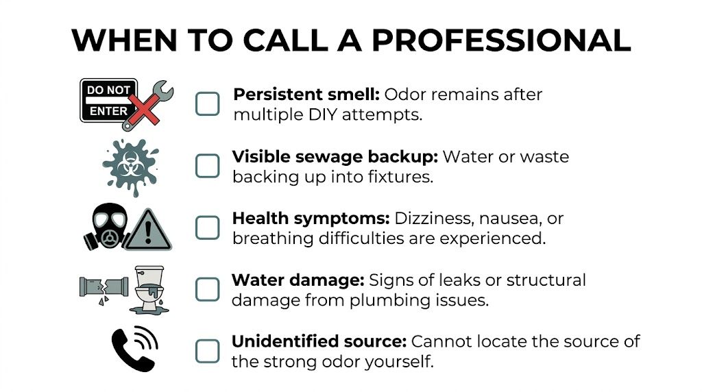 A checklist infographic titled When to Call a Professional, illustrating signs of sewer line issues requiring expert help.