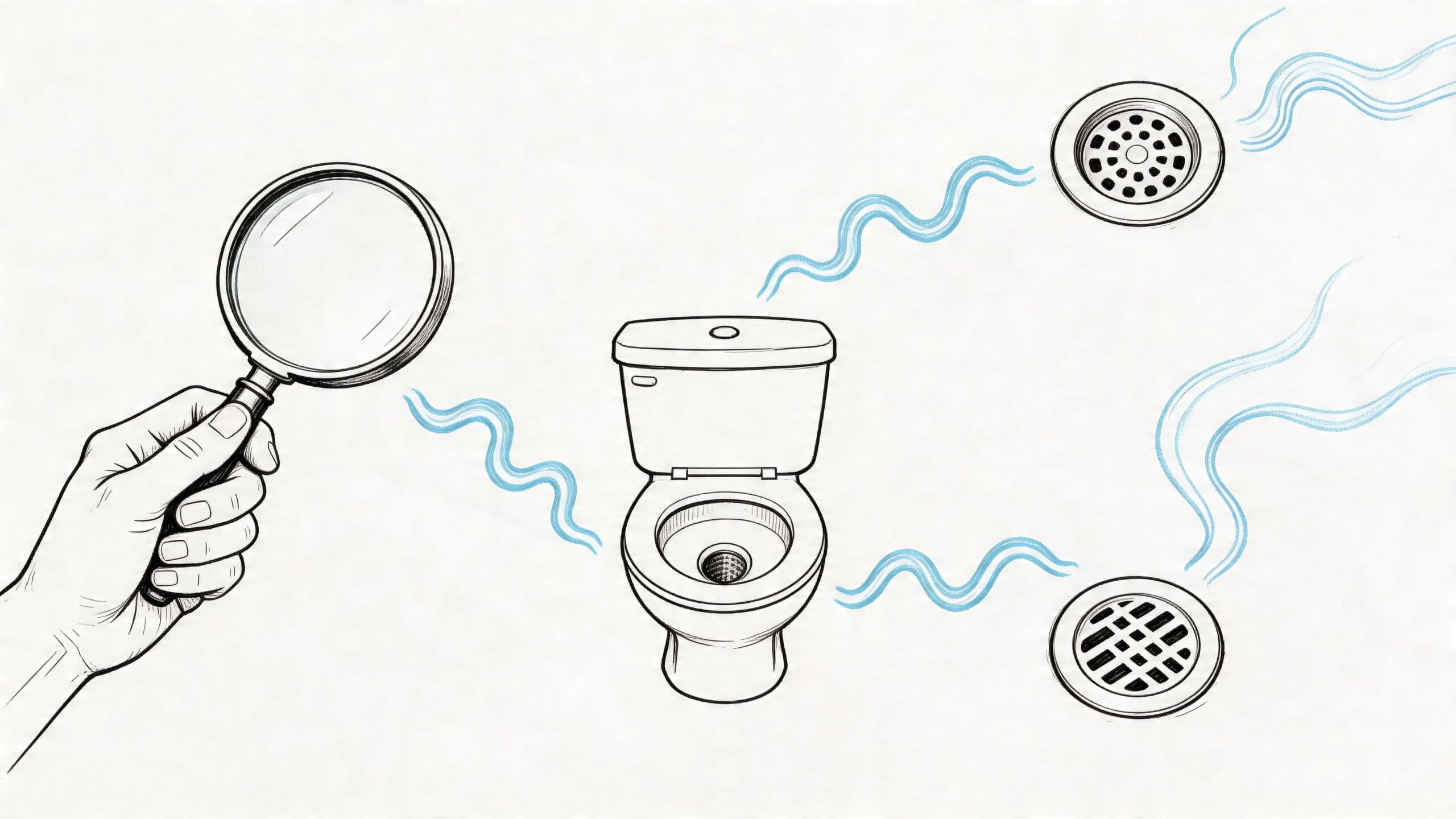 A hand holding a magnifying glass inspecting a toilet and two floor drains emitting foul sewer odors.