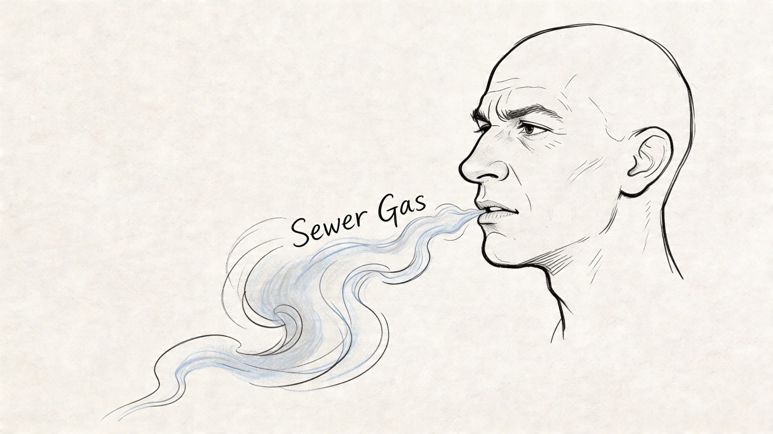 A line art drawing showing a man smelling a cloud of toxic sewer gas from his mouth.
