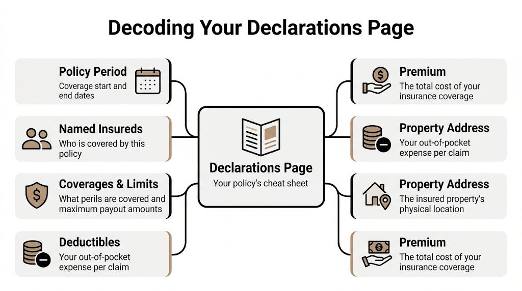 A diagram explaining the key components of an insurance declarations page, including coverage, premium, and deductibles.