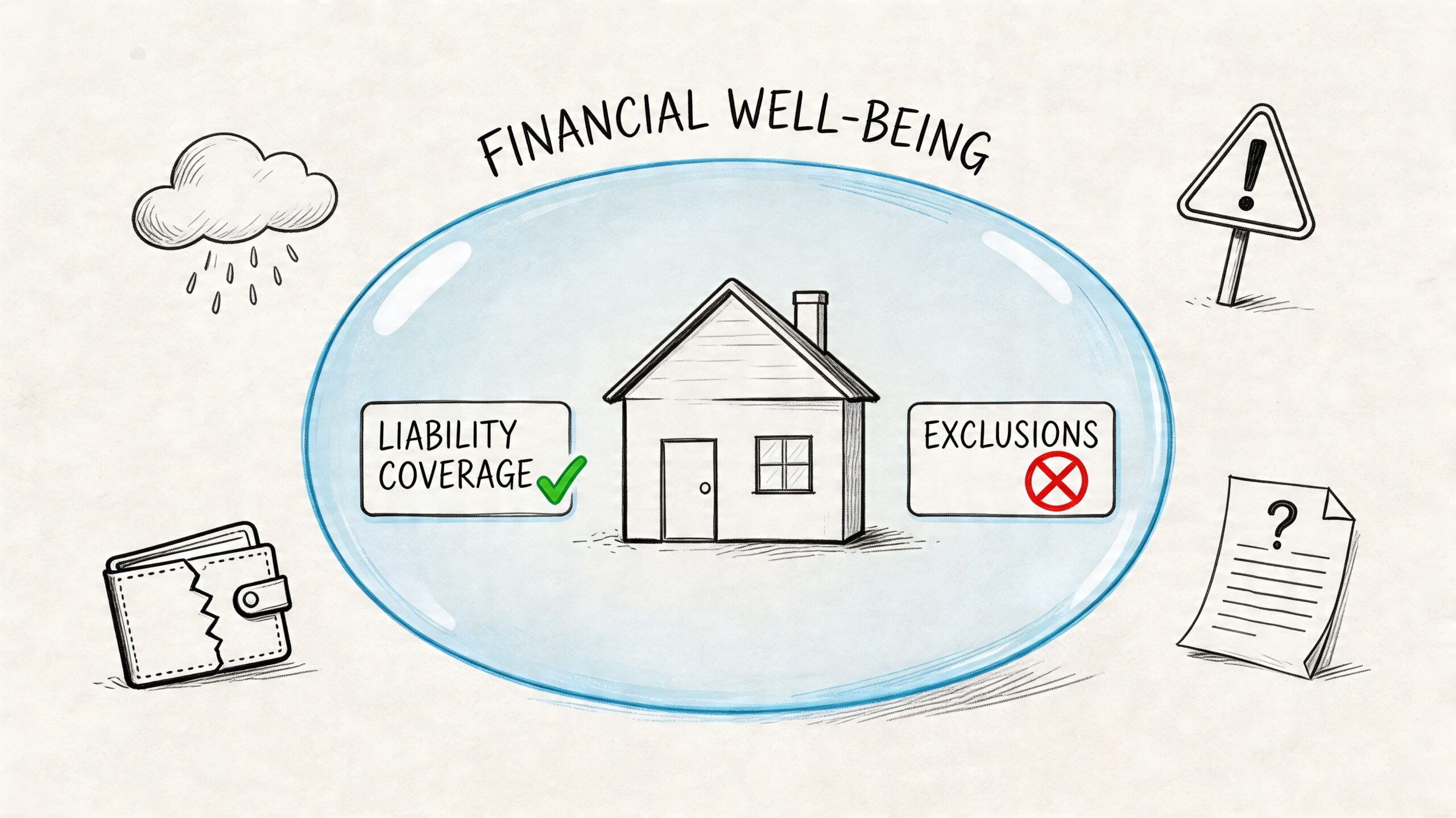 A hand-drawn illustration depicting financial well-being with a house inside a protective bubble, including insurance concepts.