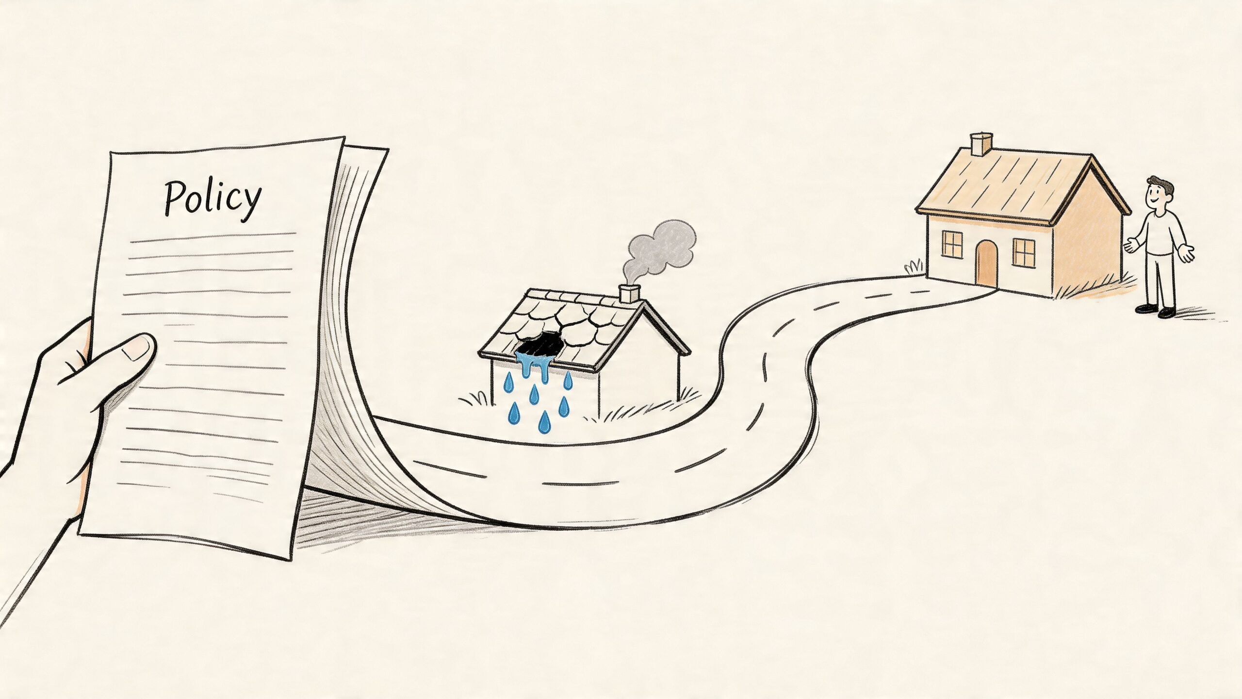 A hand holding an insurance policy document that transforms into a road leading to a repaired house.