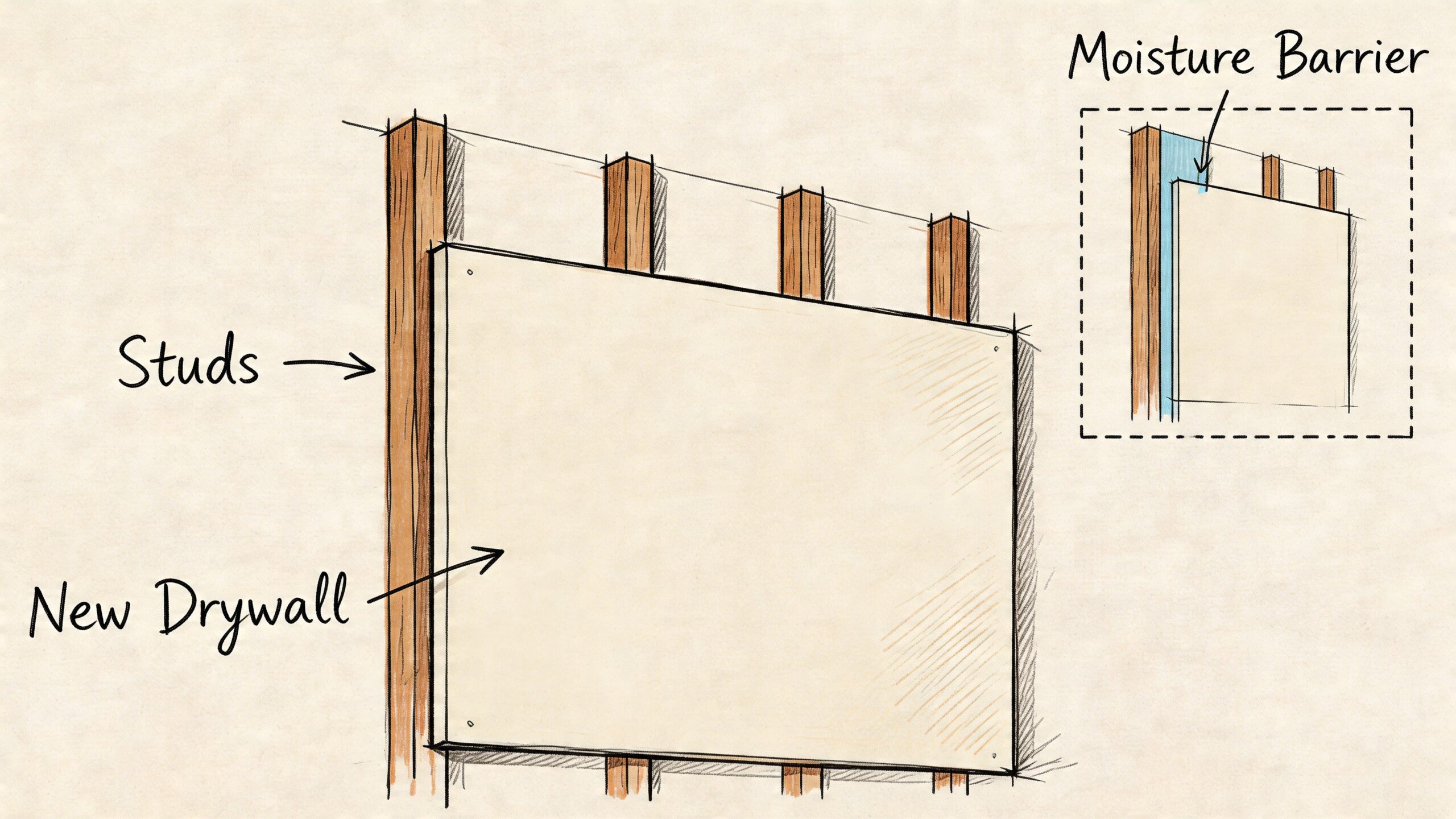 A diagram illustrating the installation of new drywall over wall studs and a moisture barrier.