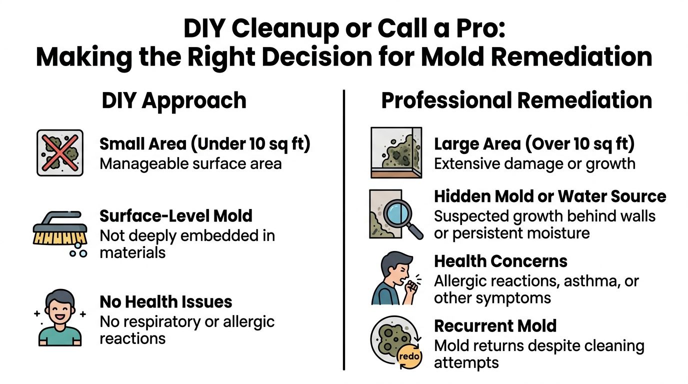 An infographic comparing when to clean mold yourself versus when to hire professional mold remediation services.