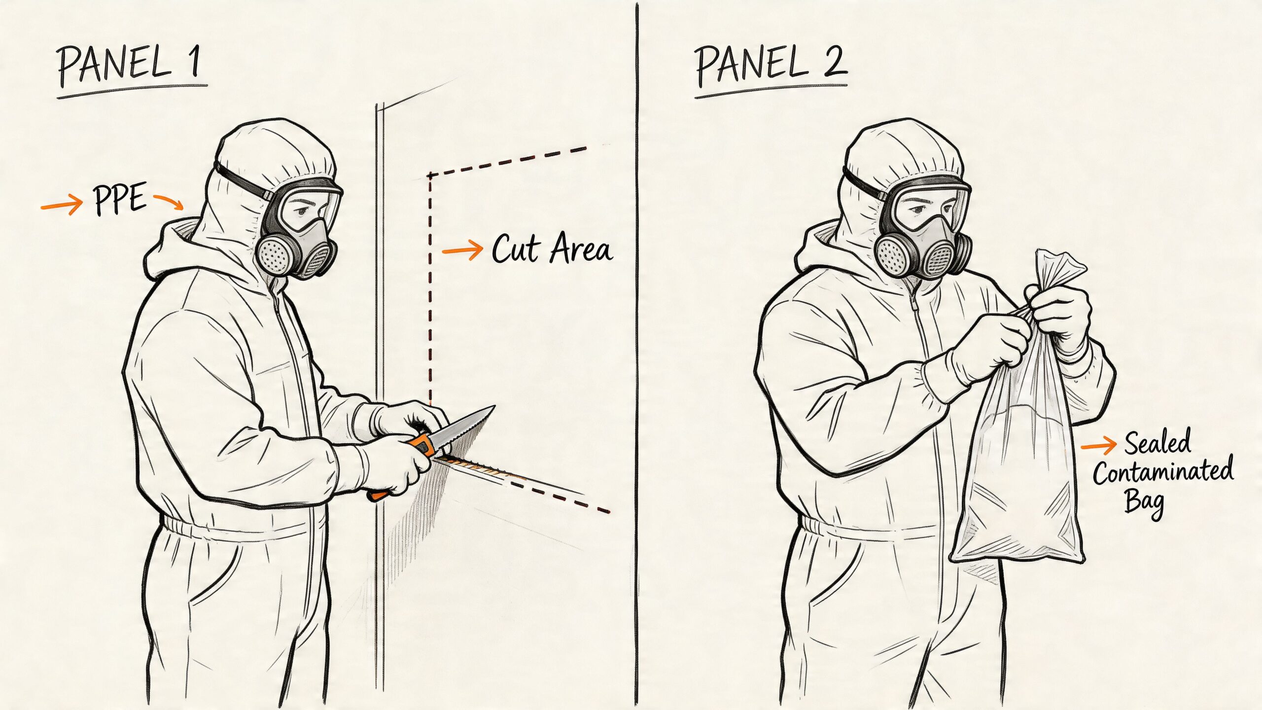 A technician wearing full PPE cuts out a section of moldy drywall and places it into a bag.