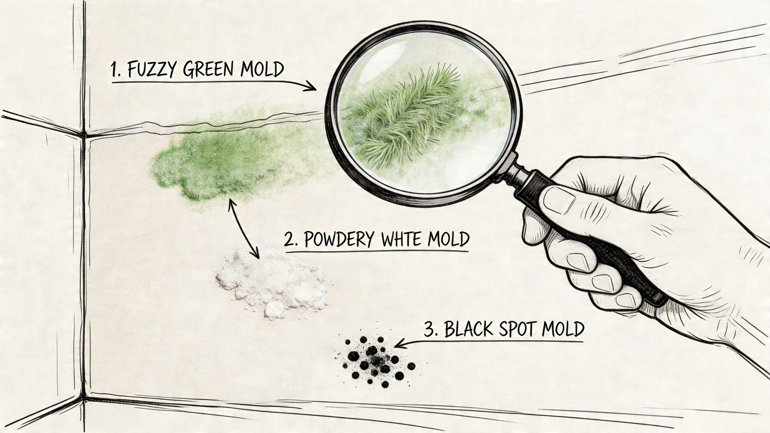 An illustration showing three common types of mold on a wall magnified by a hand lens.