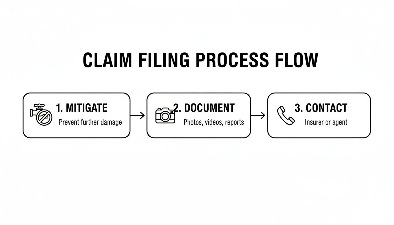A claim filing process flow diagram showing three steps: mitigate, document, and contact.