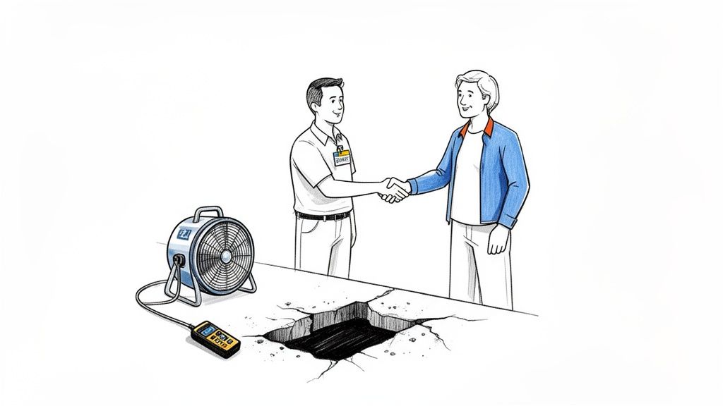 Two men shake hands over a cracked slab with a fan and detection equipment, suggesting a completed service.