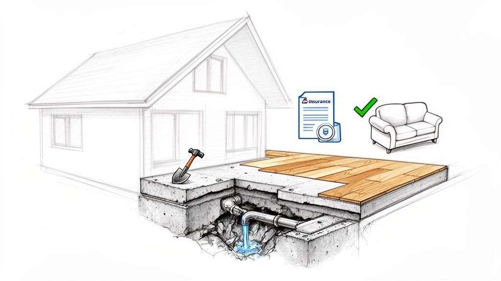 Home slab leak illustration showing water damage, an insurance document, and a protected sofa, representing coverage.