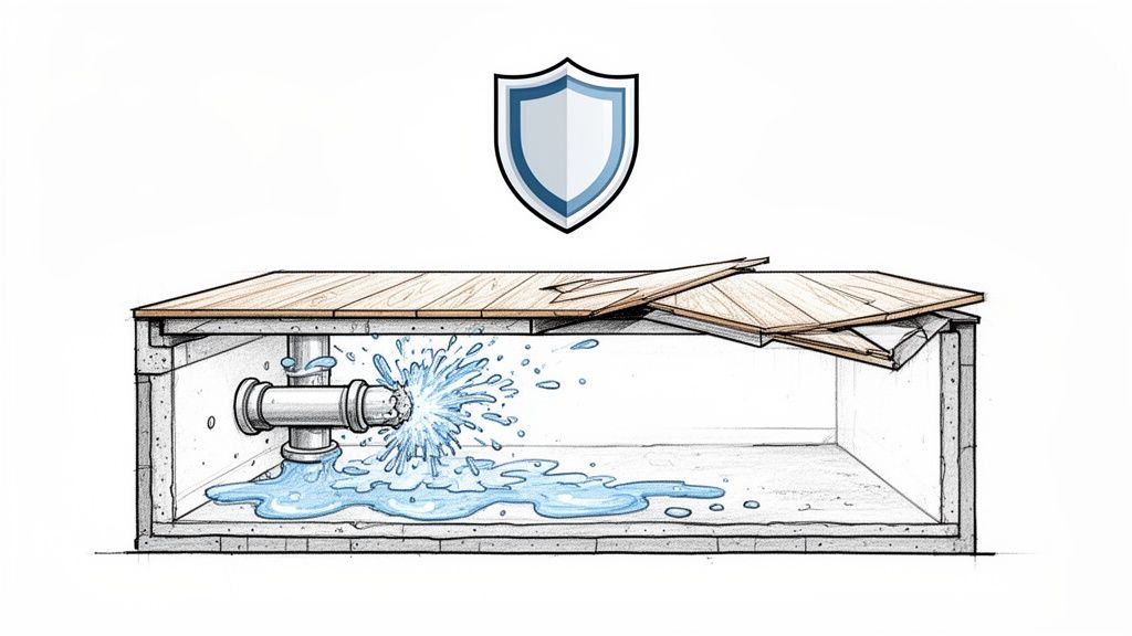 An illustration showing a burst pipe causing water damage under a wooden floor, with a protective shield icon.