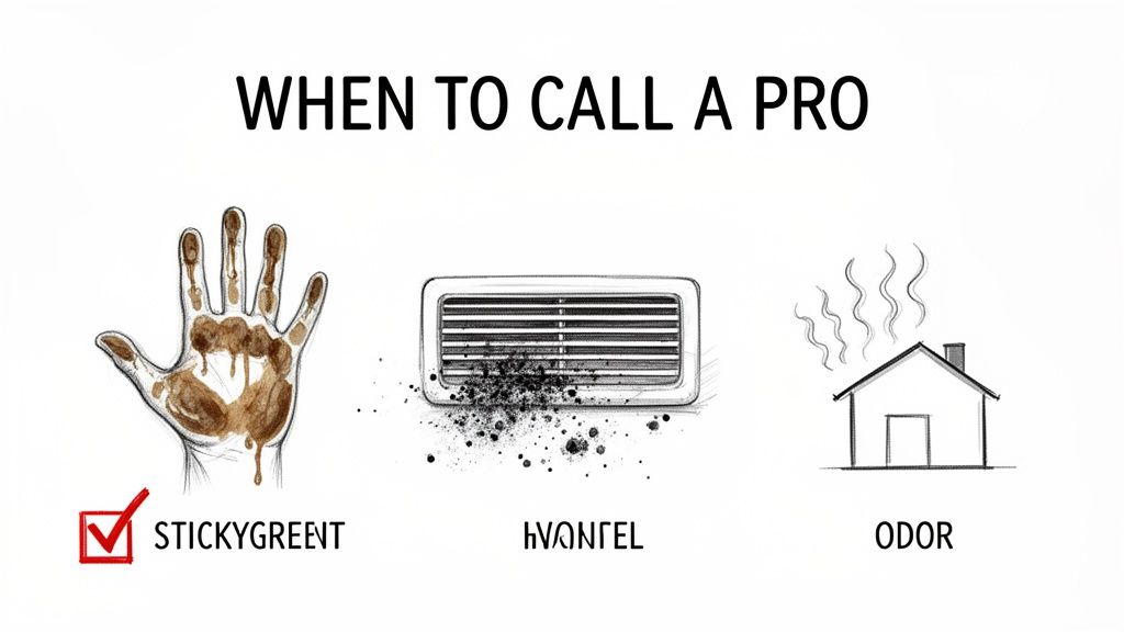 Three illustrations show when to call a pro: a dirty hand, a sooty vent, and a house with odor.