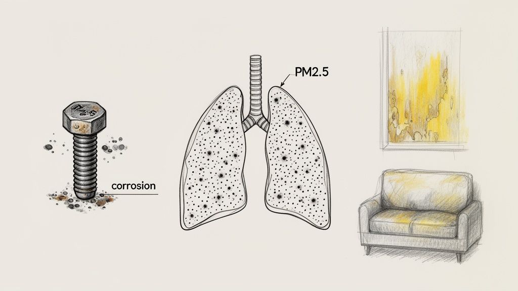 Illustrations showing a corroded bolt, lungs affected by PM2.5, a discolored window, and a stained sofa.