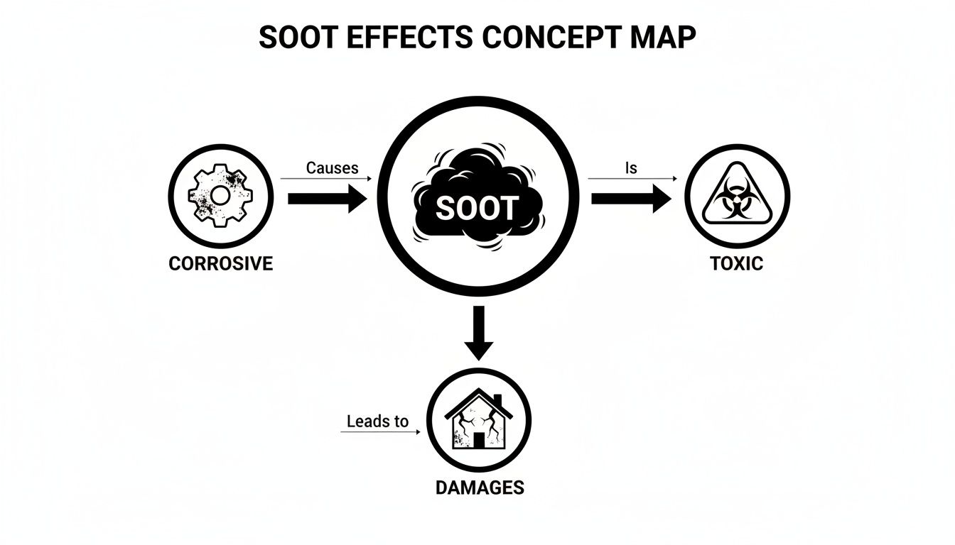 A concept map illustrating the effects of soot, showing it causes corrosion, is toxic, and leads to damages.