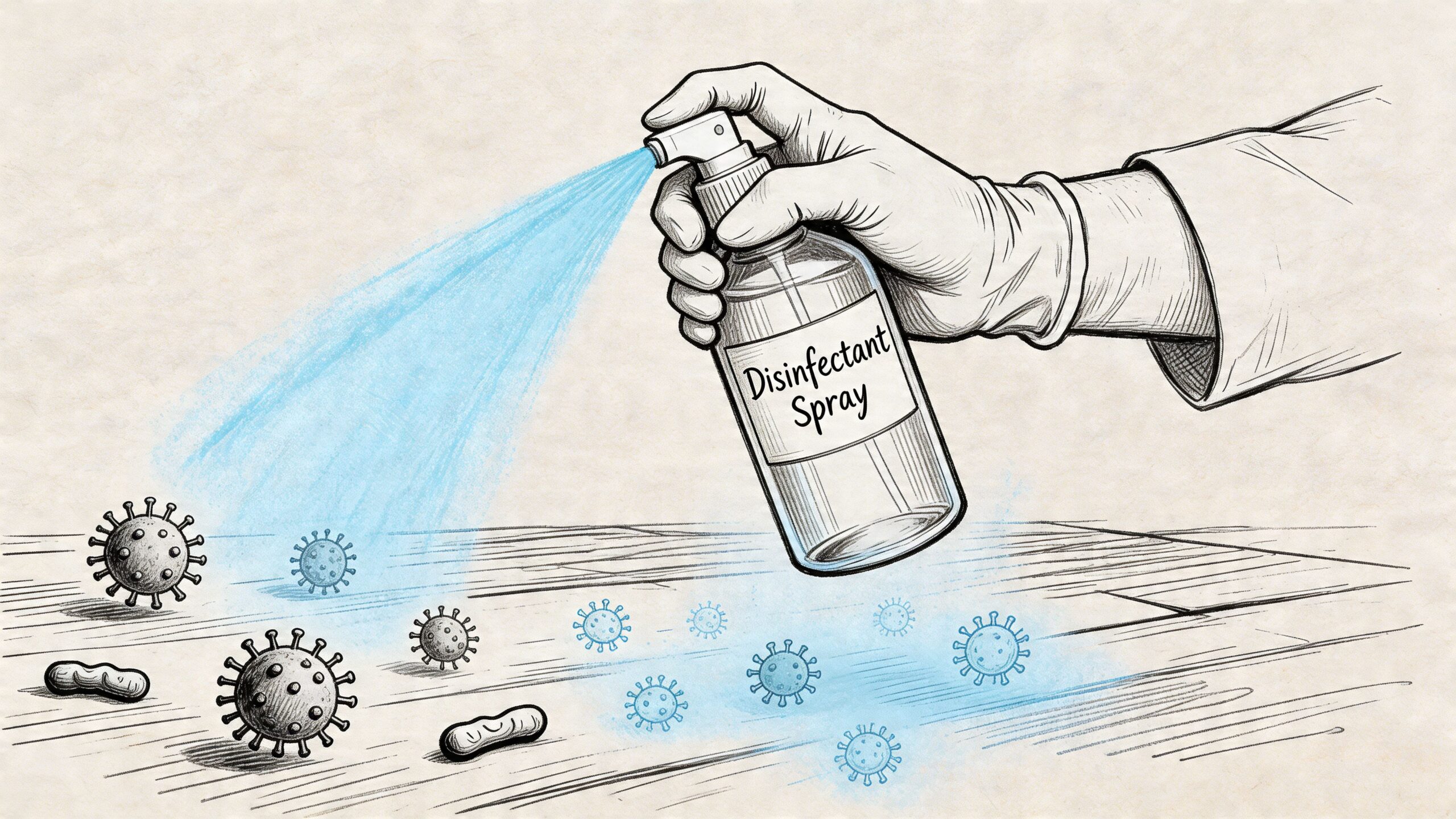 A gloved hand spraying disinfectant on a wooden surface to eliminate various virus and bacteria icons.
