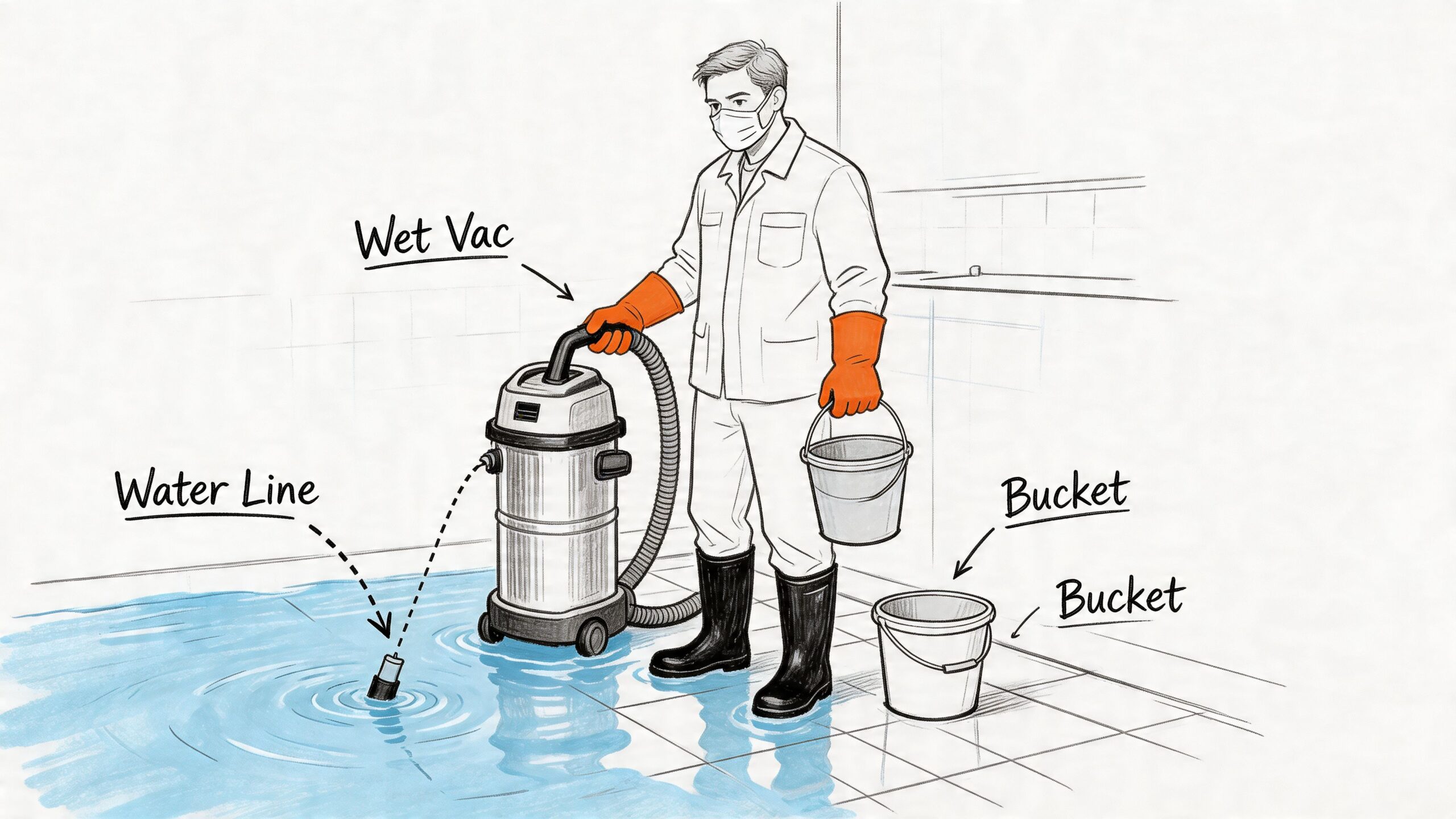 A professional cleaner in protective gear uses a wet vacuum to remove water from a flooded floor.