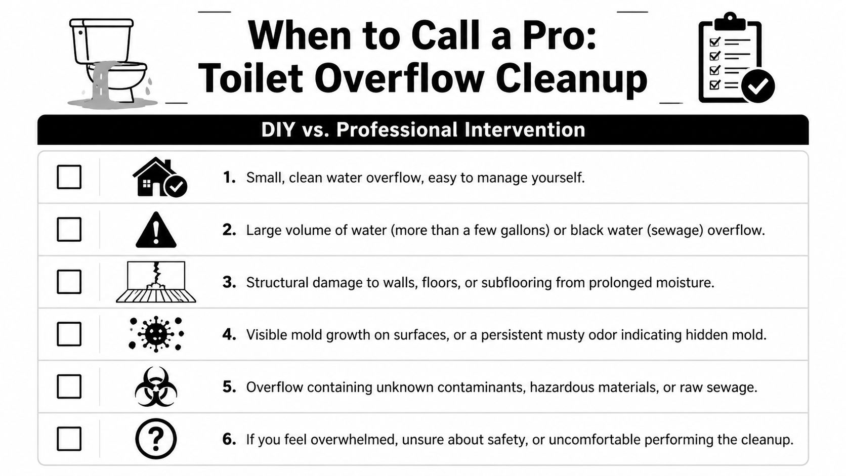 An infographic list titled When to Call a Pro detailing scenarios requiring professional toilet overflow cleanup help.