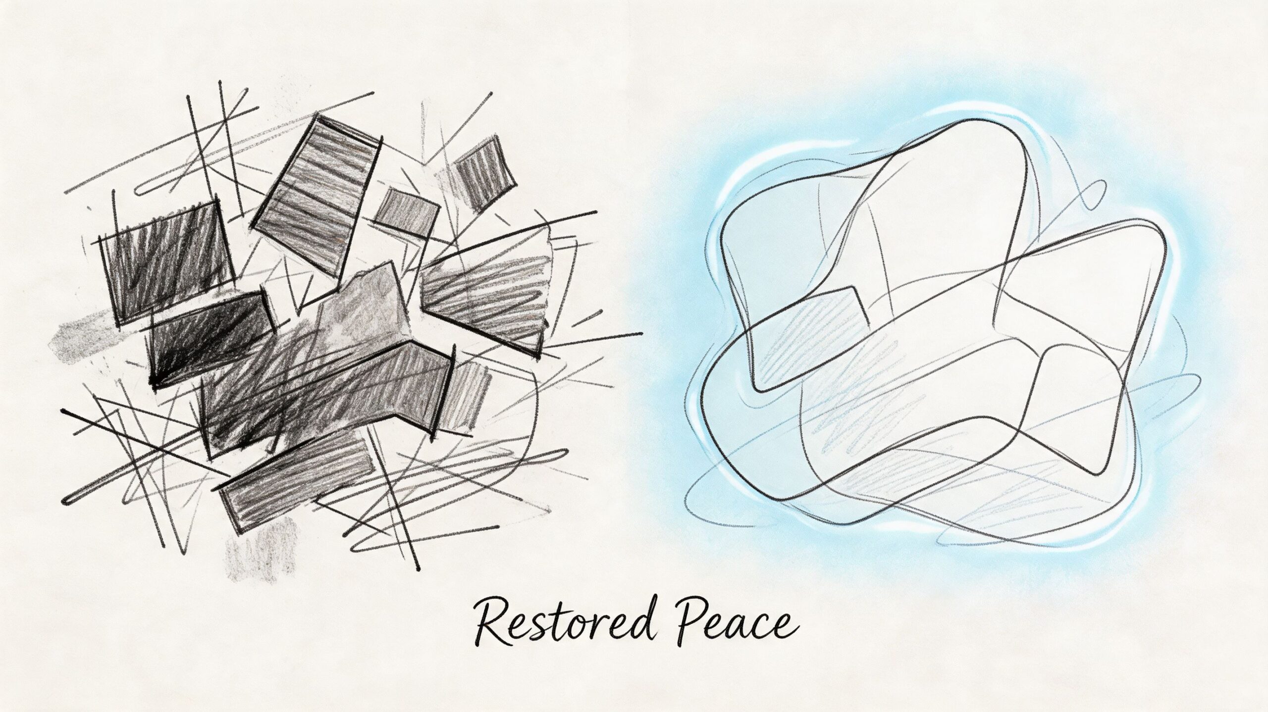 A conceptual illustration comparing a chaotic, scribbled black-and-white drawing to a smooth, peaceful, blue-tinted abstract shape.