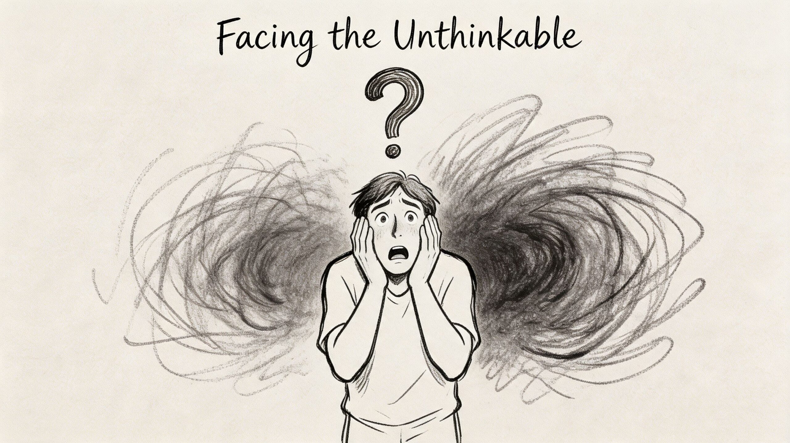 A charcoal drawing of a stressed person with scribbled dark emotions surrounding them and a question mark.