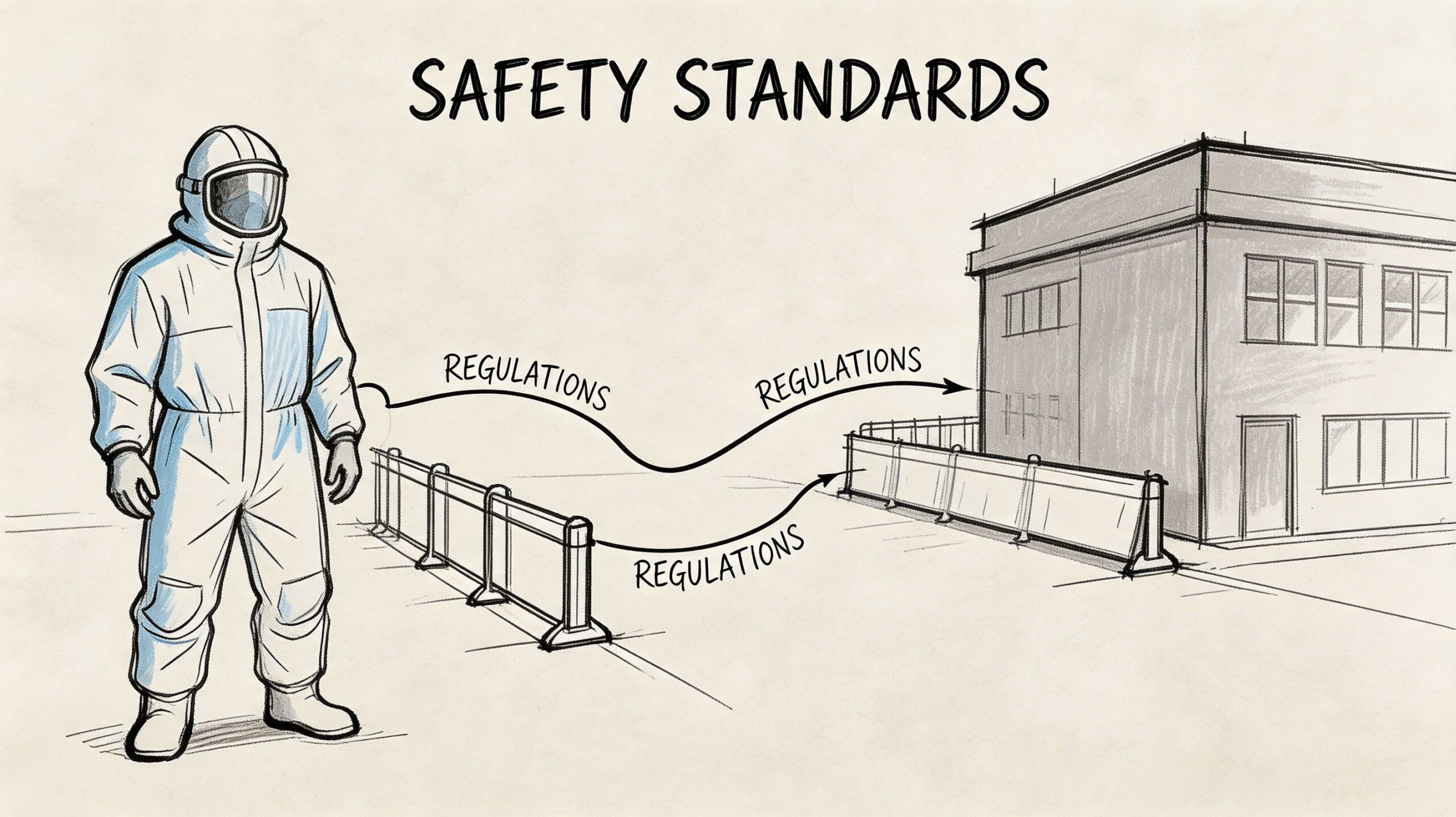 A professional in a hazmat suit standing near a building with safety barriers indicating regulatory compliance standards.