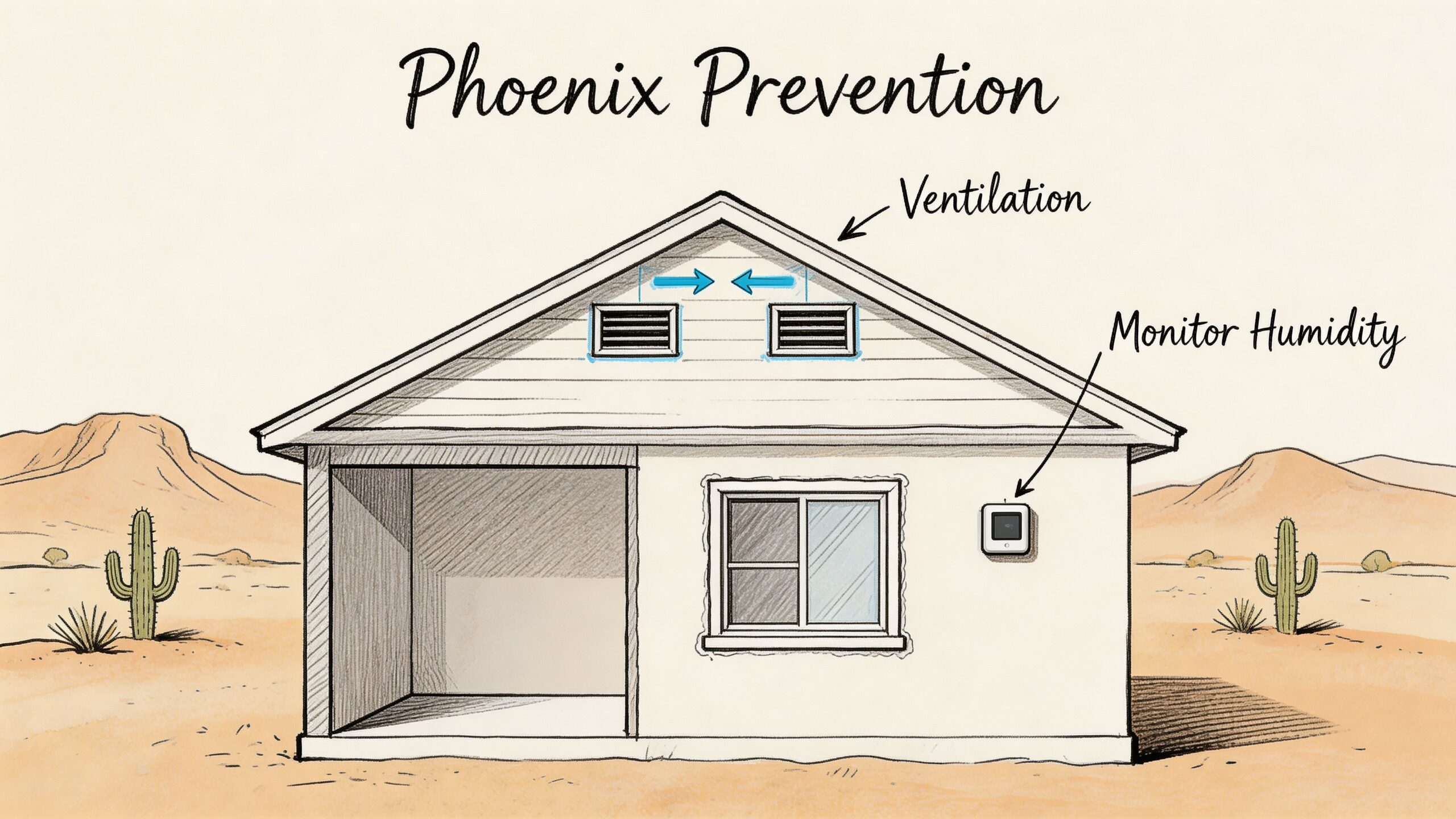 A diagram illustrating home ventilation and humidity monitoring as strategies for preventing mold and moisture issues.