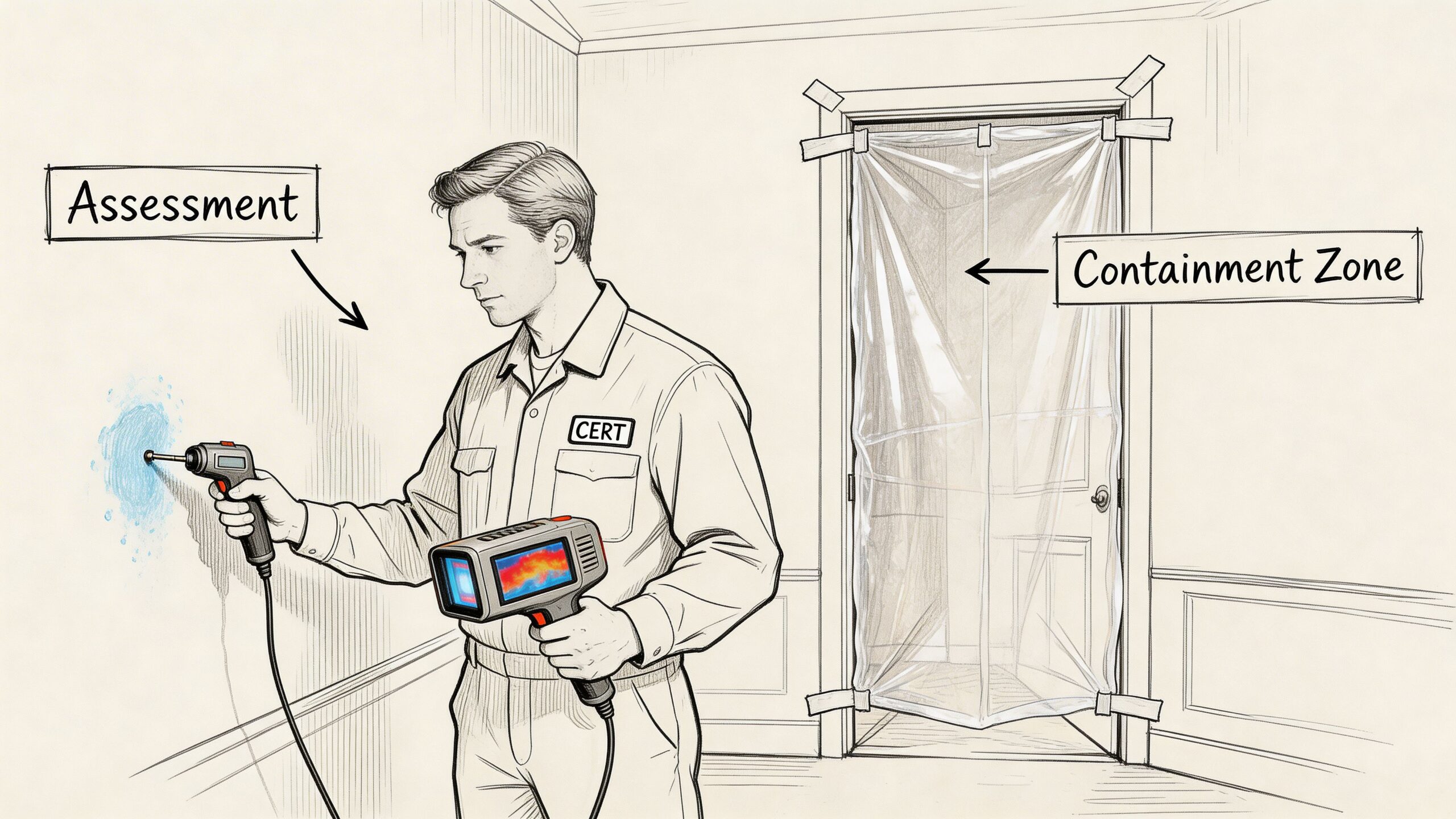 A professional inspector using moisture detection tools on a wall near a plastic-sealed containment zone.