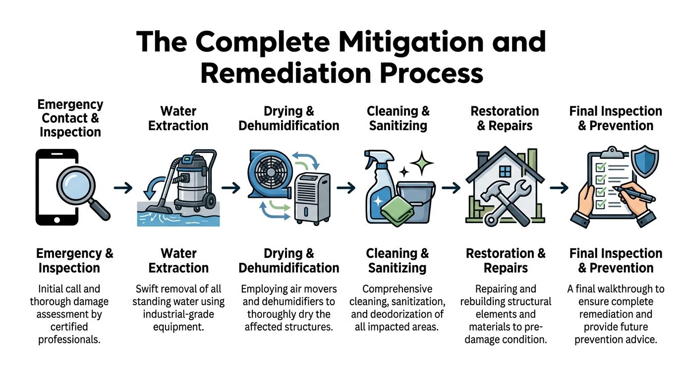 A diagram outlining the six steps of the professional water and mold mitigation and remediation process.