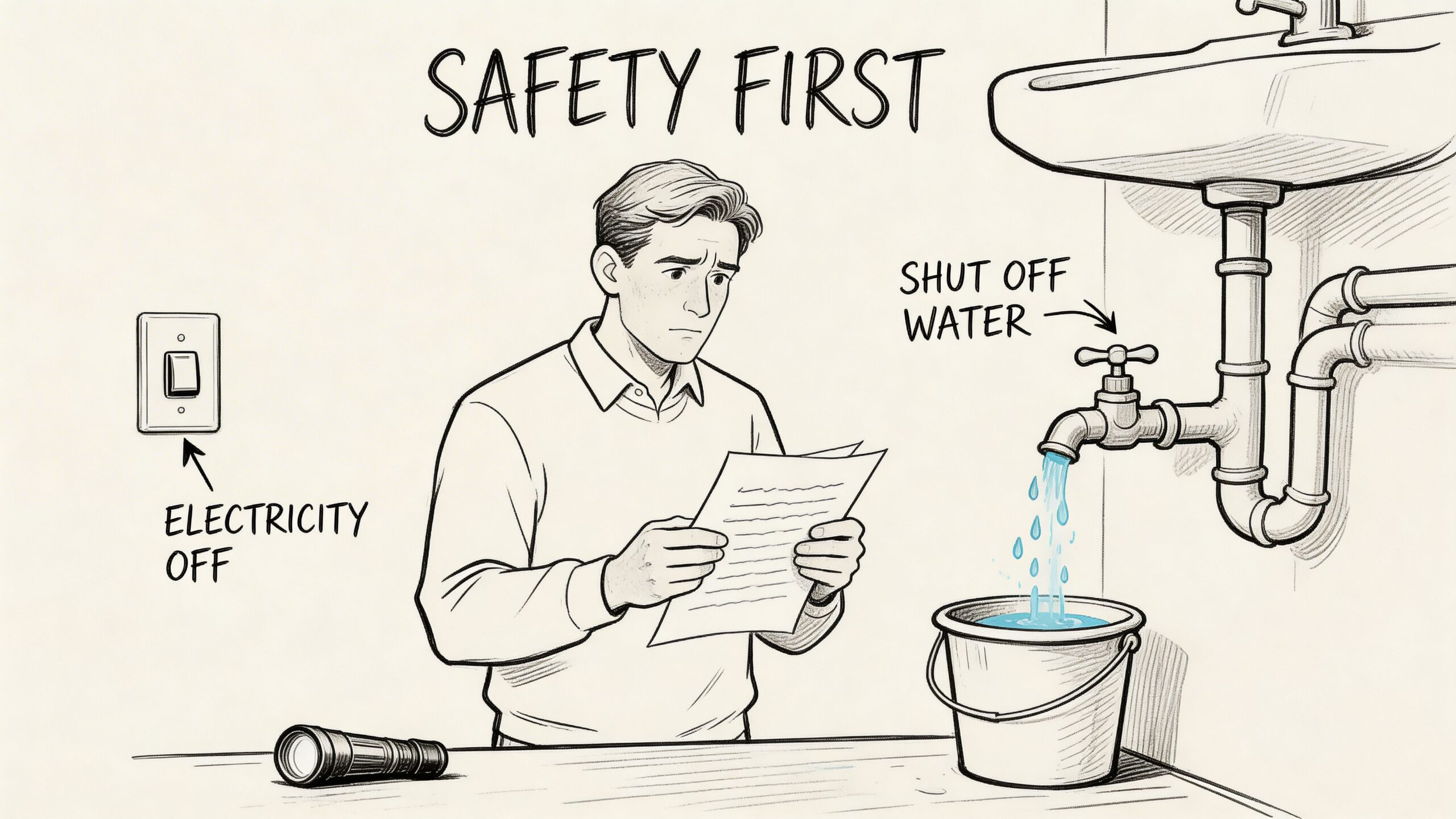 A man stands in a room reading instructions next to a leaking sink and a flashlight.