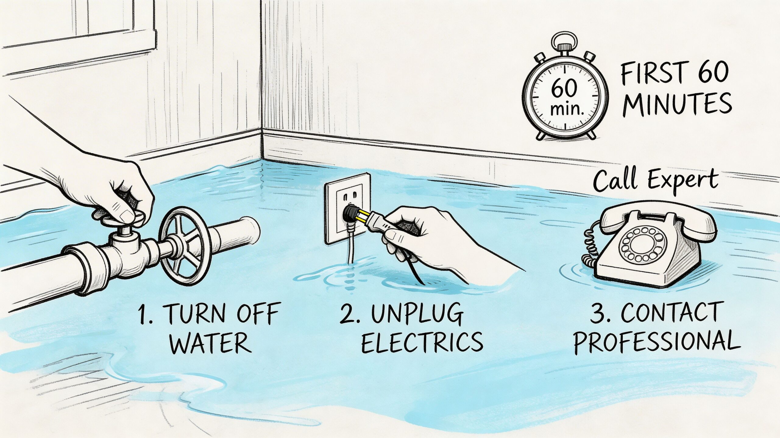 An illustration showing three steps for handling home flooding: turn off water, unplug electronics, and contact professionals.