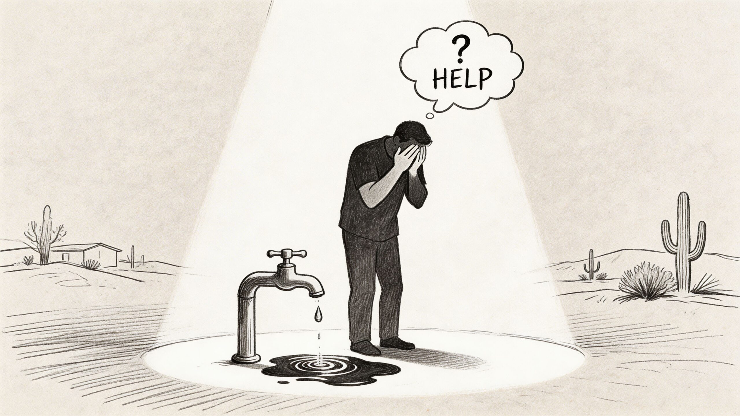 A distressed person standing in the desert next to a leaking faucet under a spotlight.