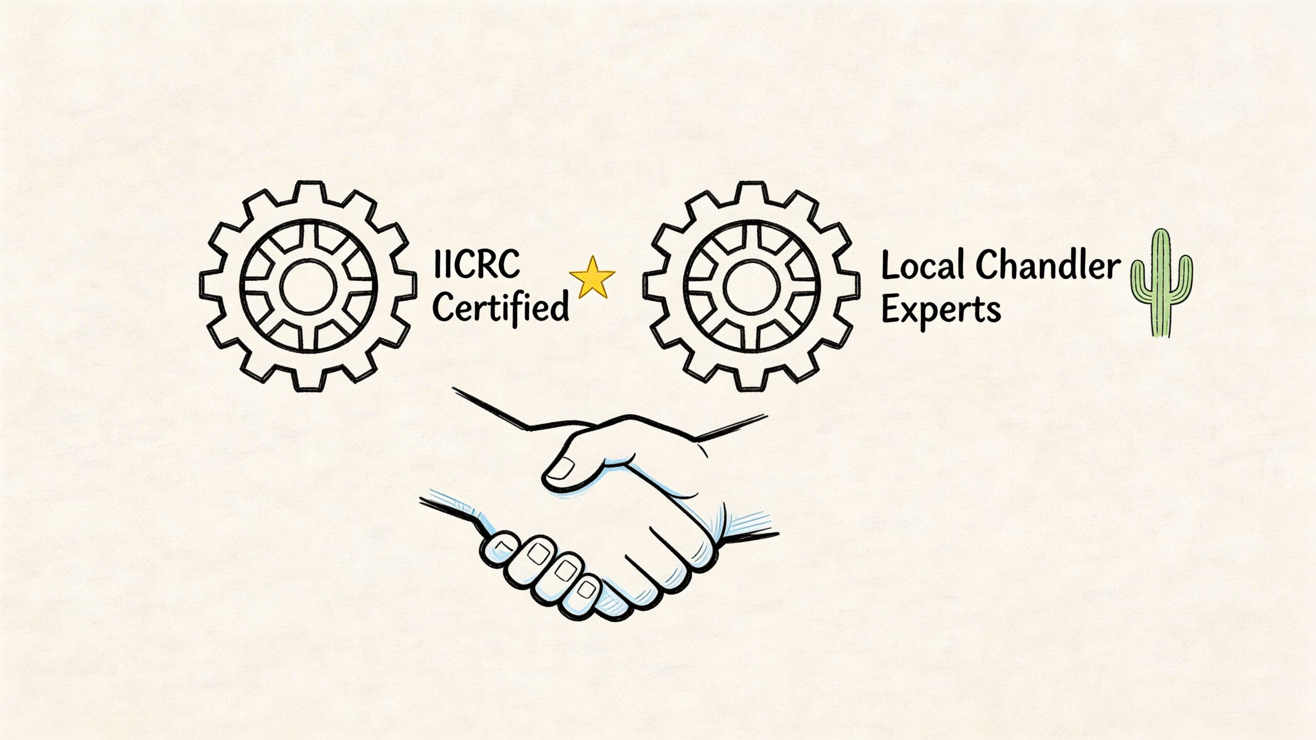 A hand-drawn illustration showing IICRC certified and local Chandler experts connected by a professional handshake graphic.