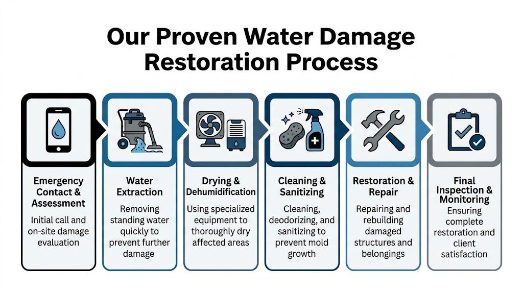 A diagram outlining a six-step professional water damage restoration process from emergency assessment to final inspection.