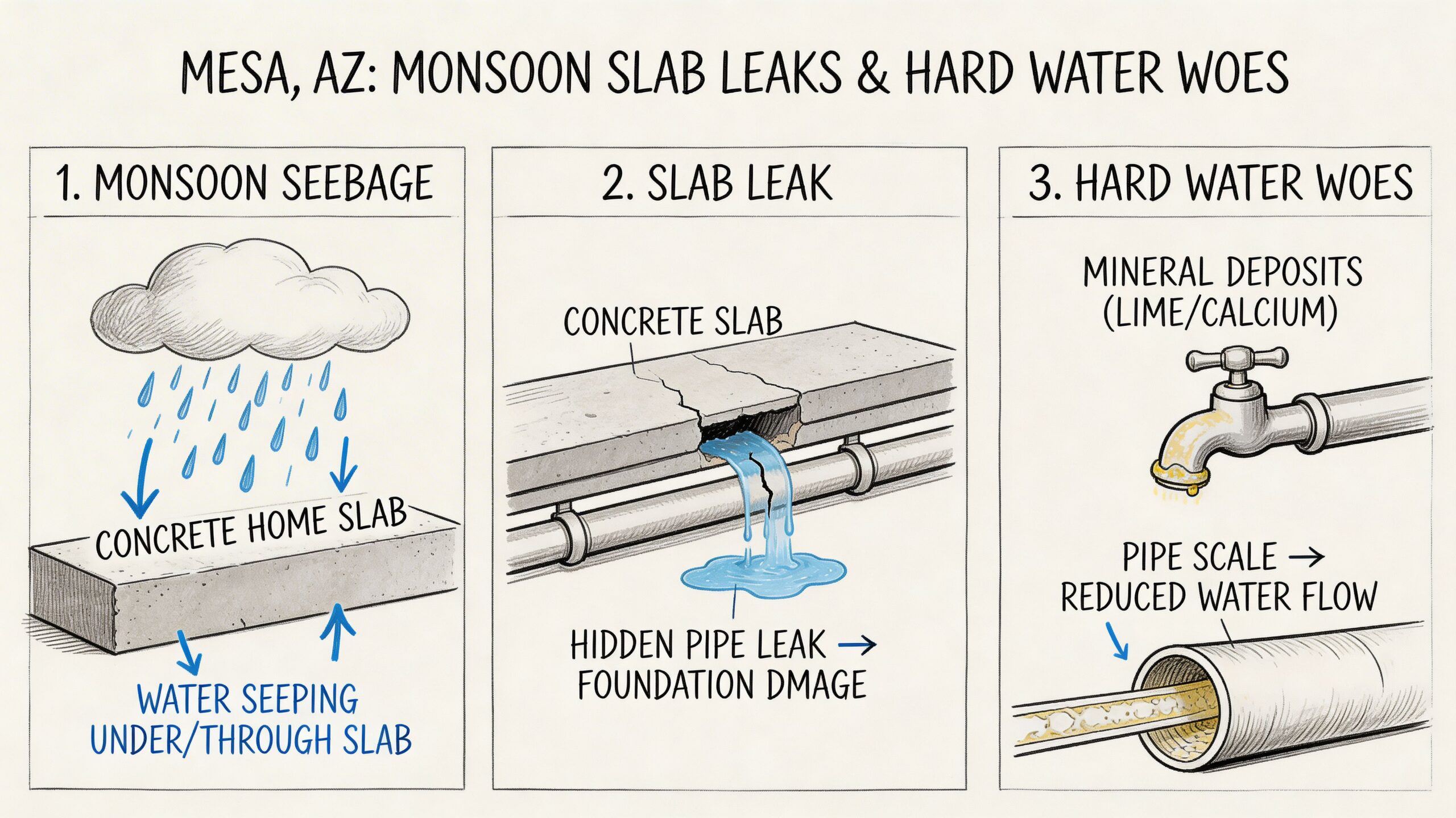 An infographic illustrating plumbing issues in Mesa, Arizona, including monsoon seepage, slab leaks, and hard water buildup.