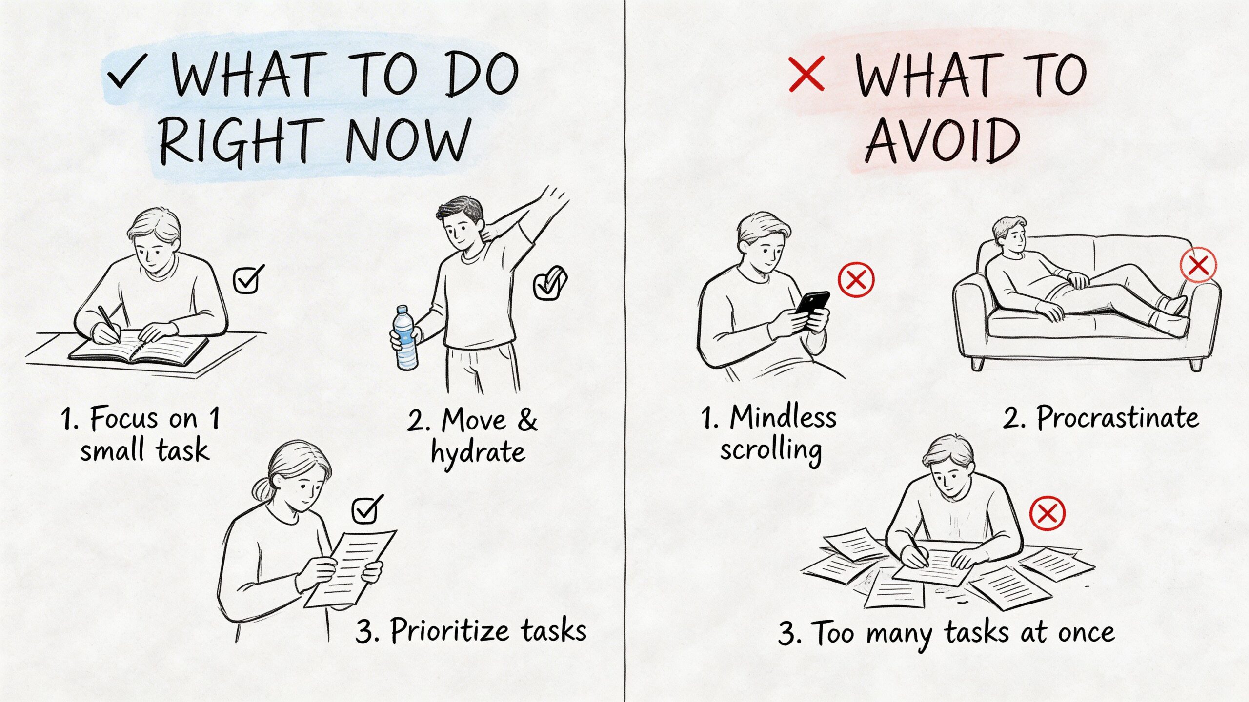 An illustrated guide comparing productive habits like focusing and hydrating versus unproductive habits like mindless scrolling.