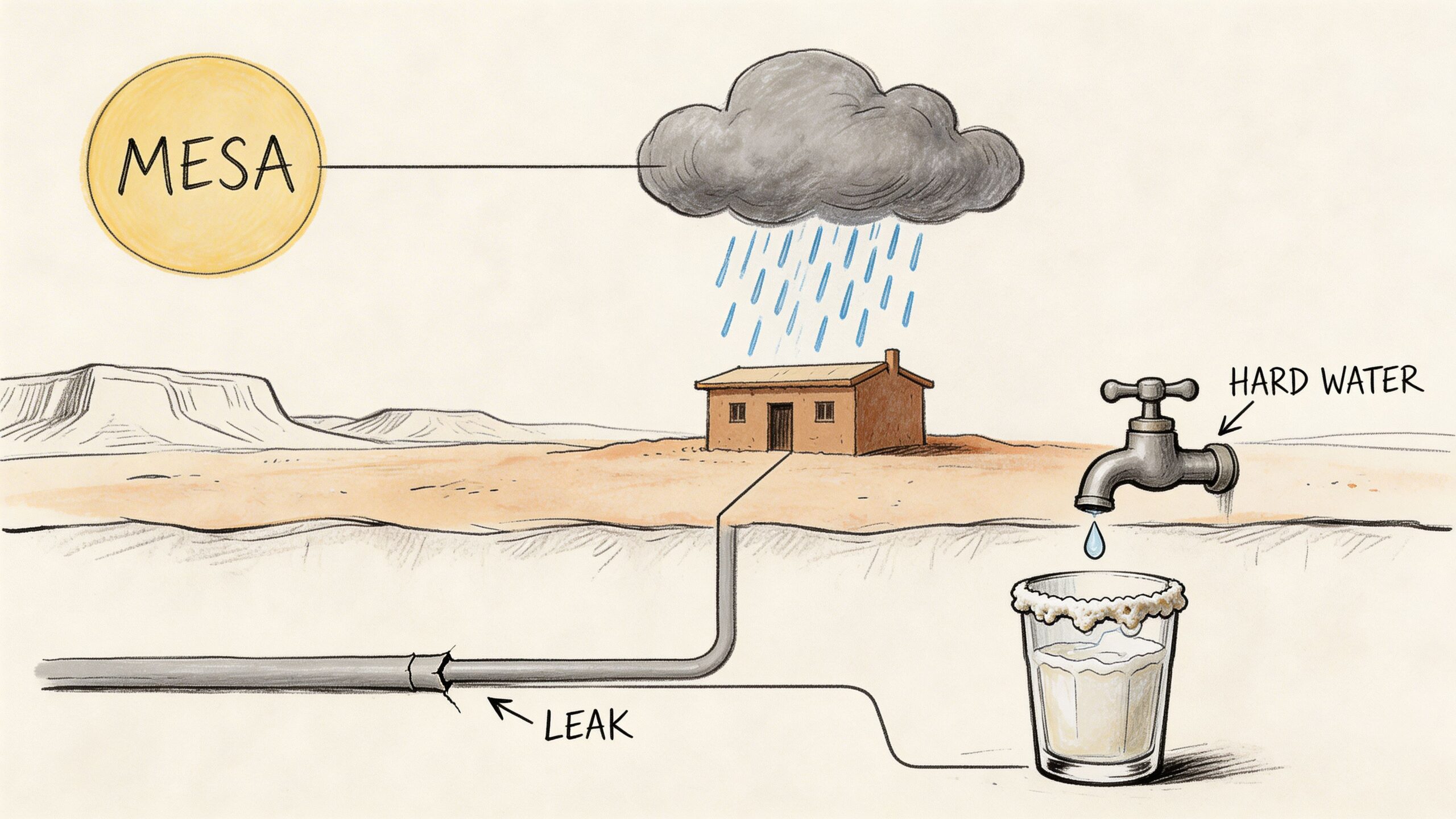 A diagram illustrating water damage in a home, featuring a leaking pipe and hard water deposits.