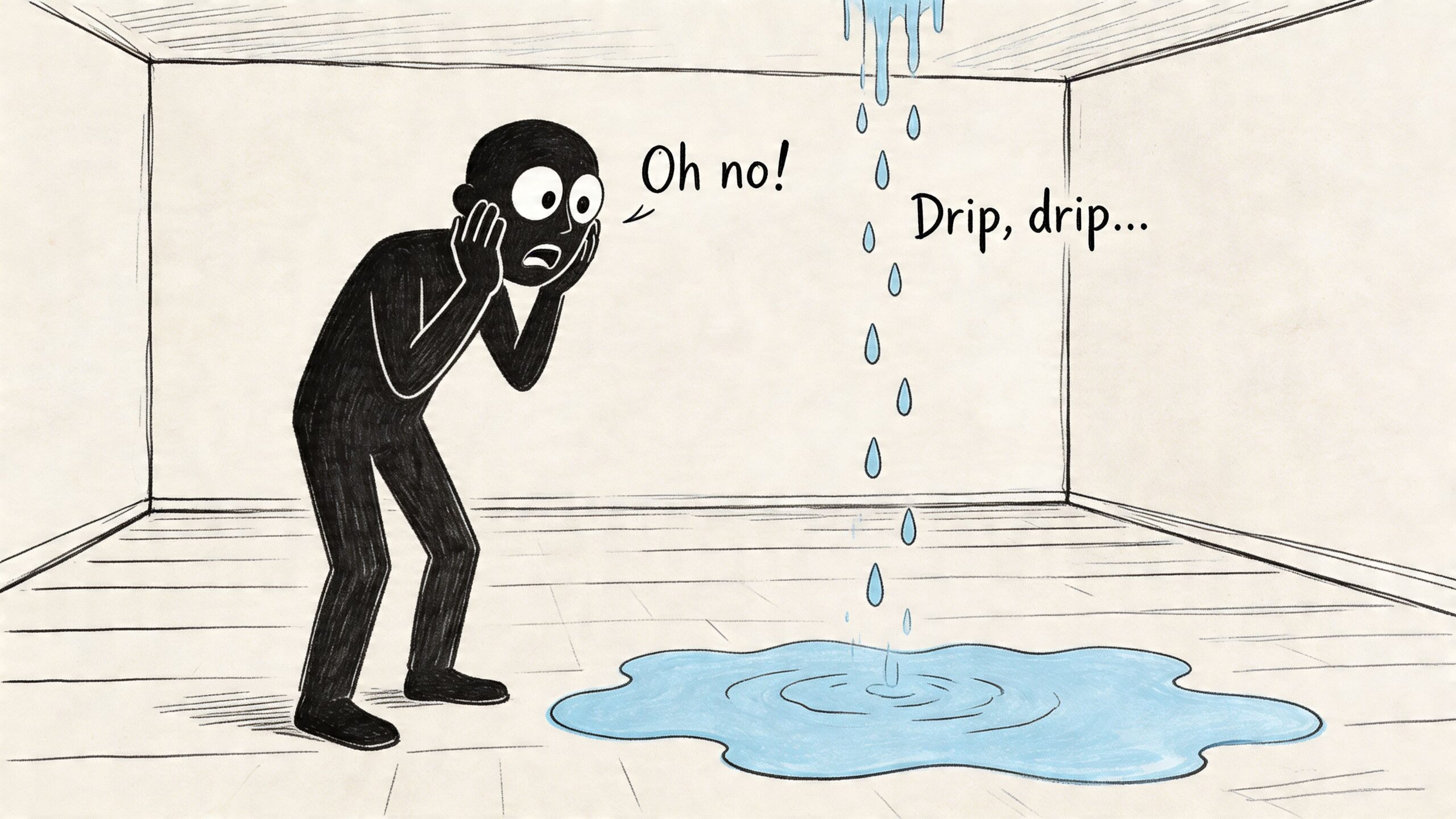 A worried person standing in a room with a ceiling leak causing a puddle on the floor.