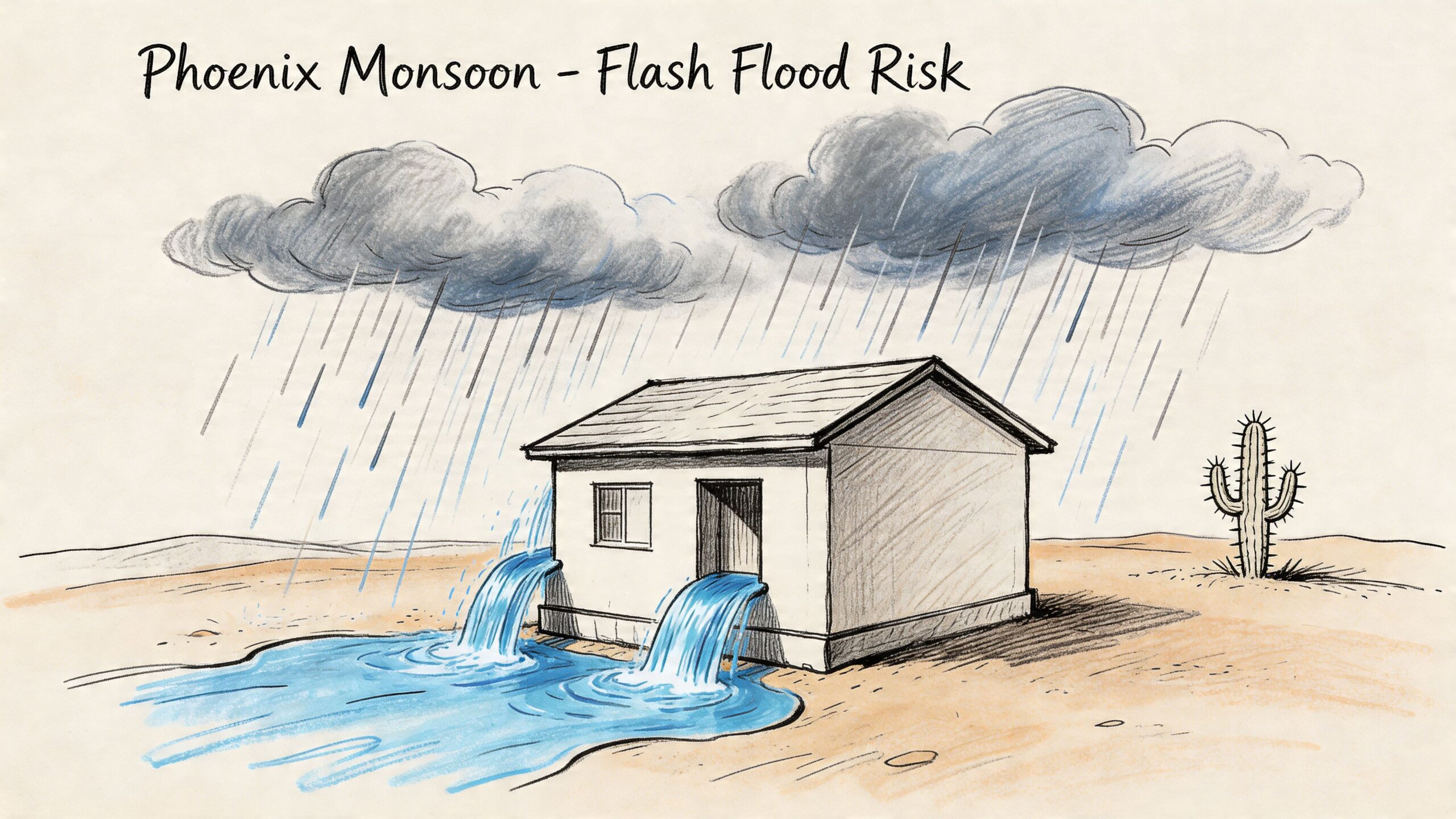 A hand-drawn illustration depicting a house being flooded by heavy rain during a Phoenix monsoon storm.
