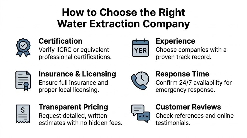 A helpful infographic outlining six key steps for choosing the right professional water extraction company services.