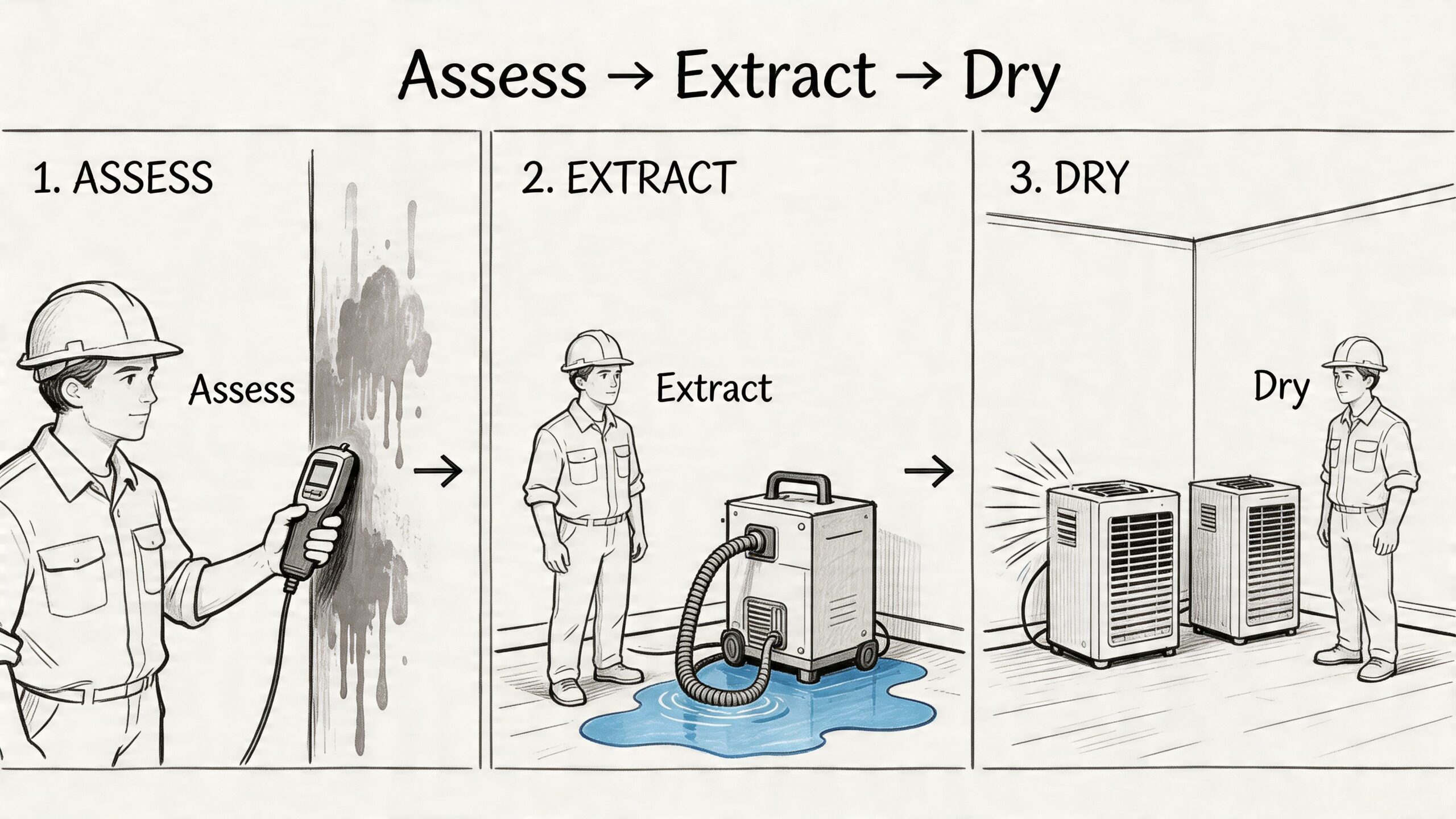 A three-step professional process illustration showing assessment, water extraction, and industrial drying for water damage restoration services.