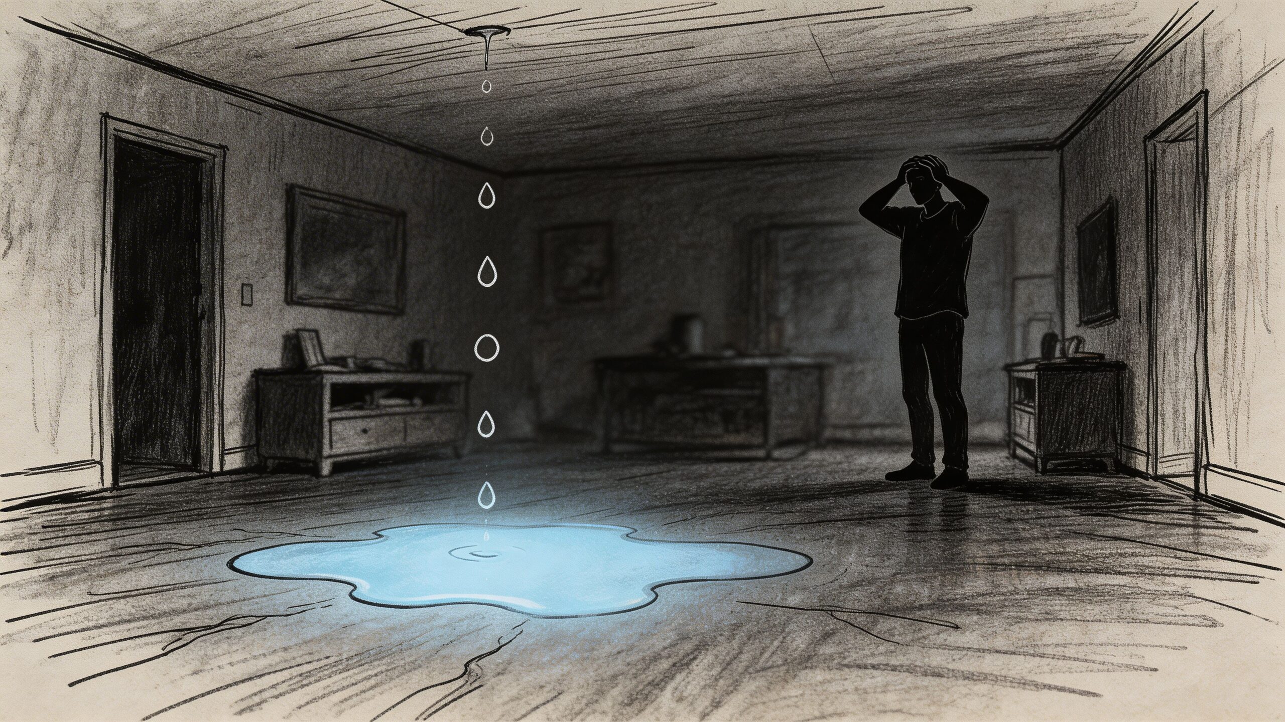 A charcoal sketch of a distressed man standing in a living room with a ceiling leak