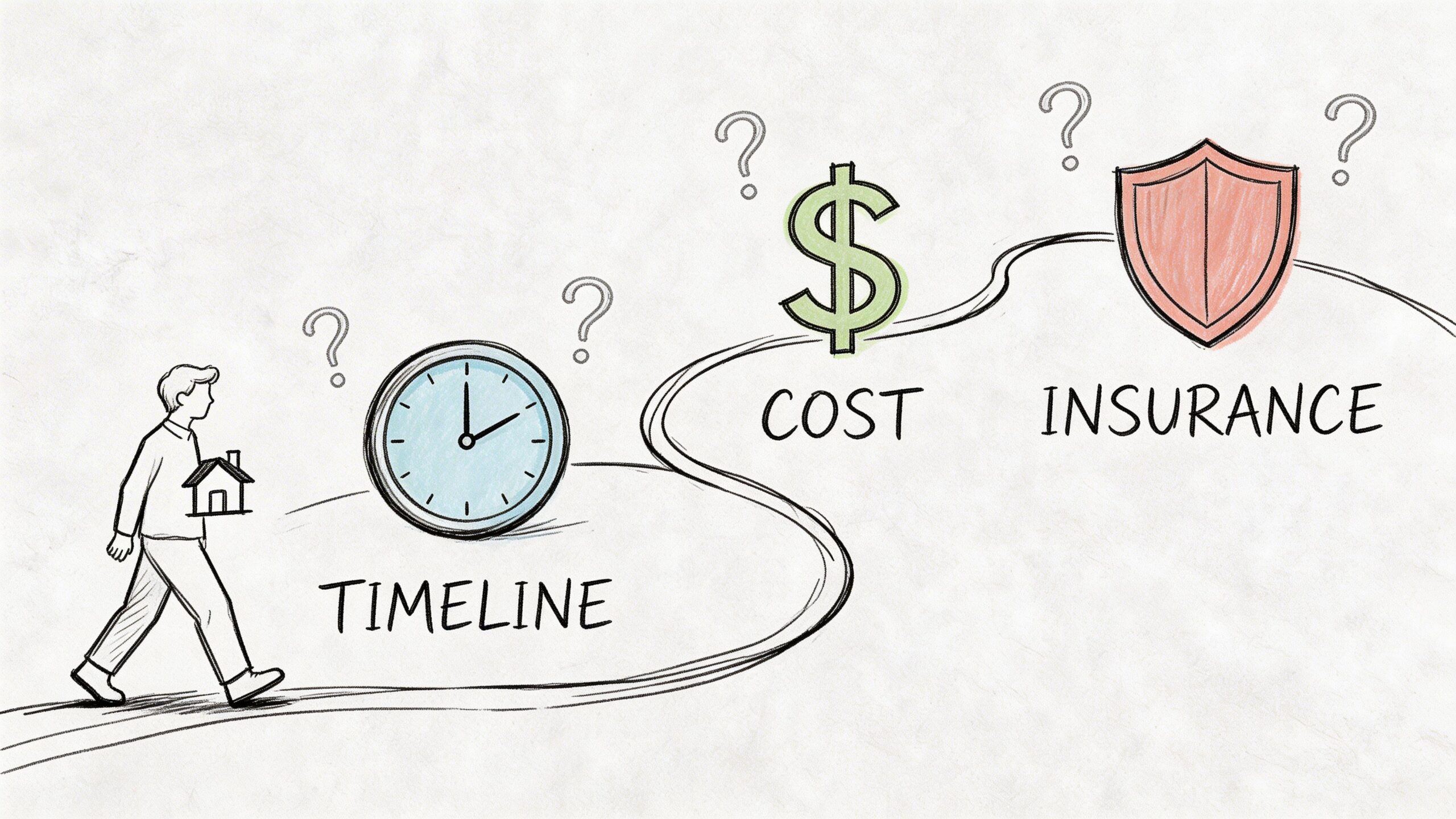 A hand-drawn illustration depicting a man approaching a journey involving timeline, cost, and insurance considerations.