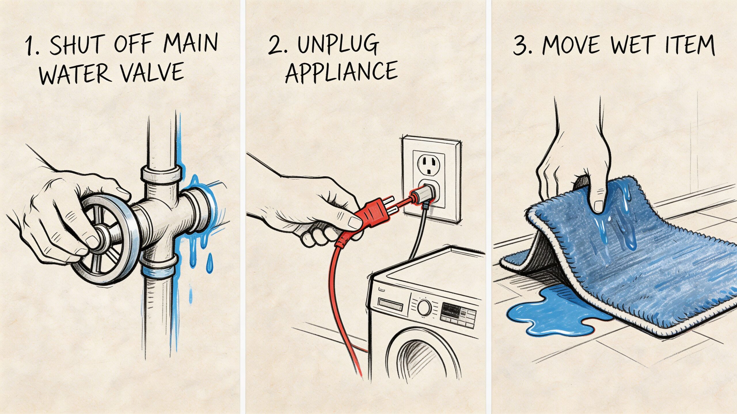 A three-step infographic showing how to shut off a water valve, unplug an appliance, and move wet items.
