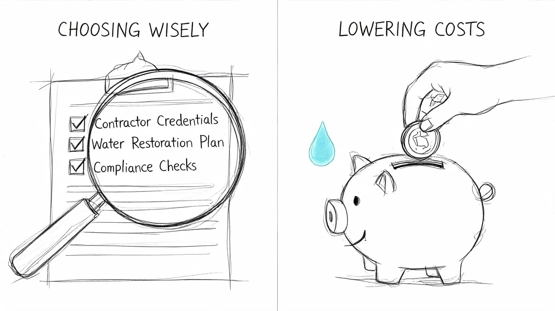 A split illustration comparing choosing a contractor for water restoration versus saving money in a piggy bank.