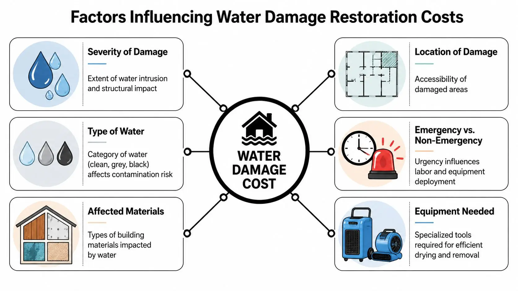A diagram illustrating the six primary factors that influence the total cost of water damage restoration services.