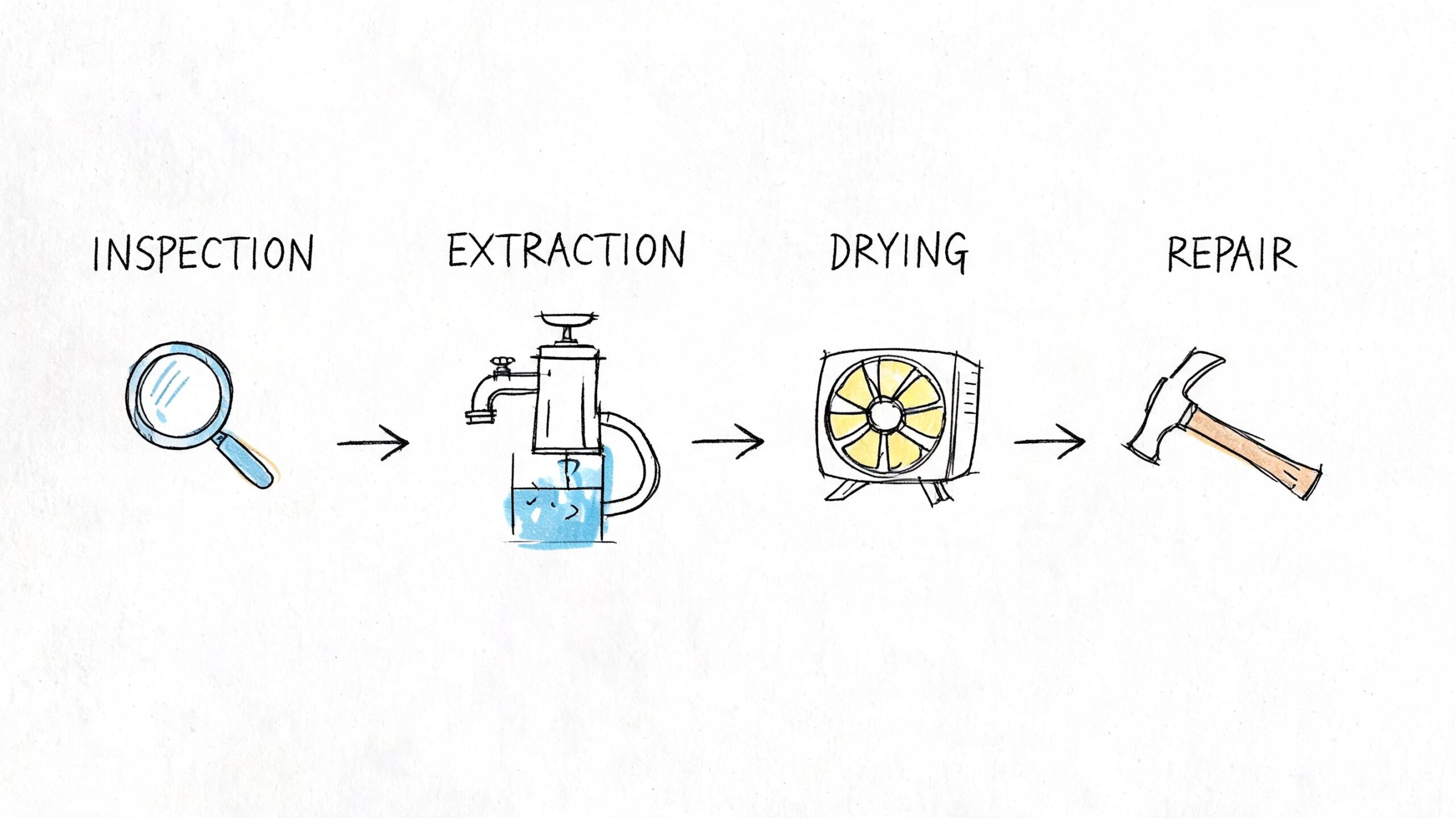 A diagram illustrating the four steps of water restoration: inspection, extraction, drying, and repair.