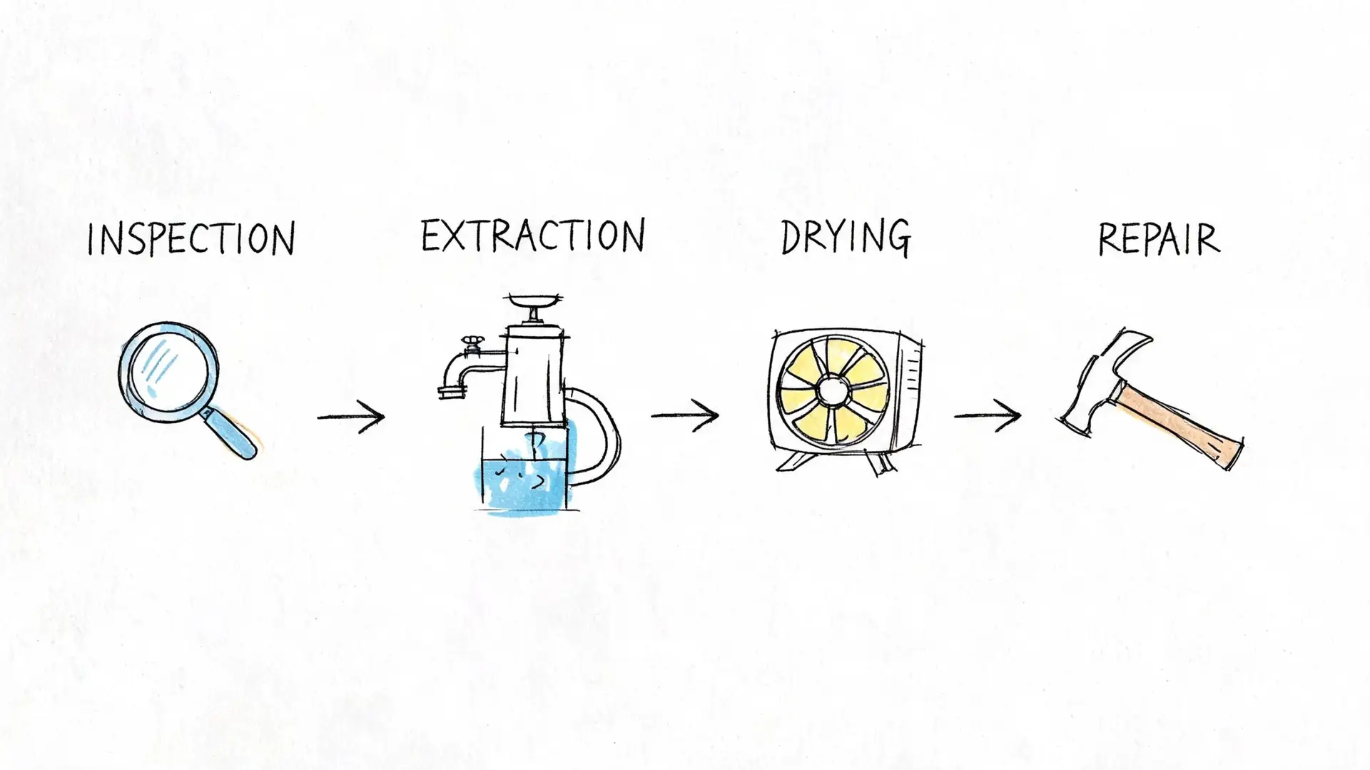A diagram illustrating the four steps of water restoration: inspection, extraction, drying, and repair.