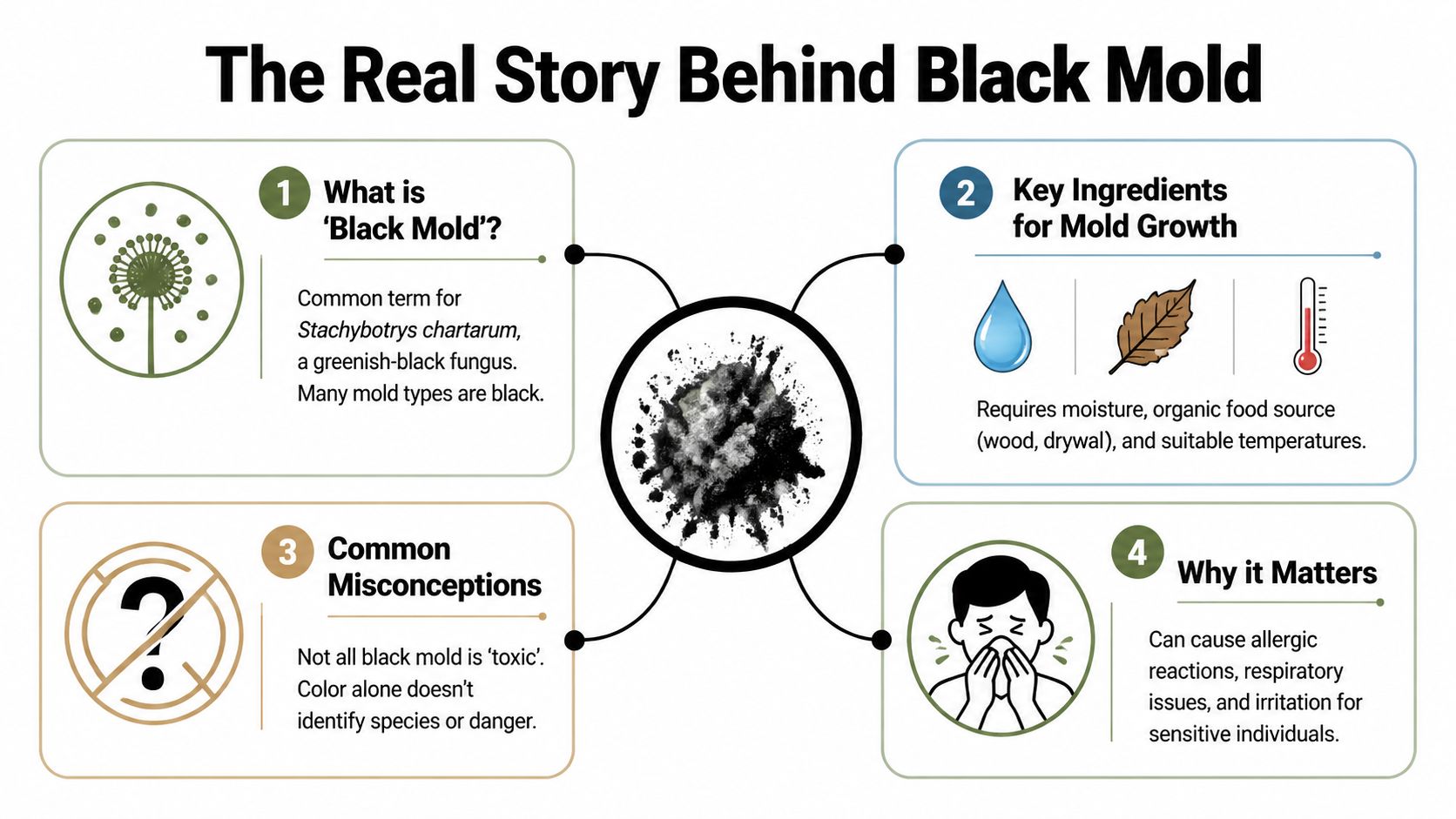 An infographic titled The Real Story Behind Black Mold explaining its definition, growth factors, misconceptions, and health impacts.